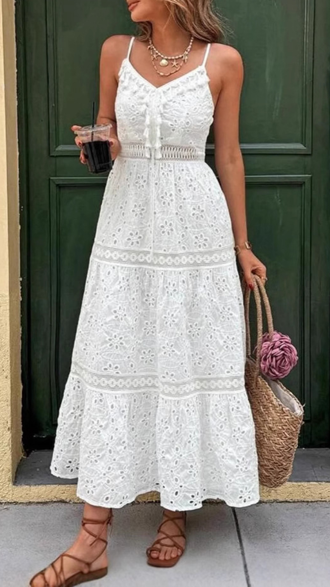 Women's Cotton‑blend V‑neck Hollow Lace Drawstring‑waist Slip Midi Dress - Nordfashionstorm - Women's Clothing, Fashion for You - Nordfashionstorm.com
