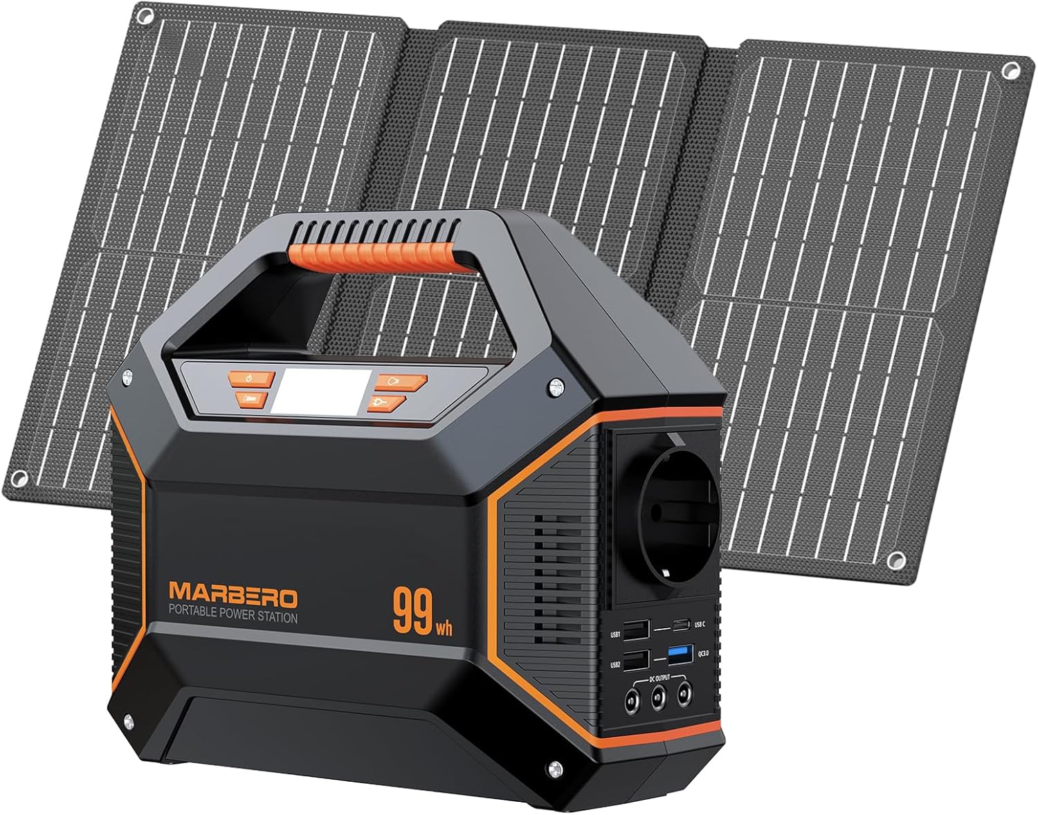 MARBERO Generatore di Corrente Portatile 99Wh 27.000mAh con Pannello Solare da 30W Power Bank con 150W Max Presa AC Luce LED SOS, per Campeggio Emergenza Casa Viaggi e Lavoro