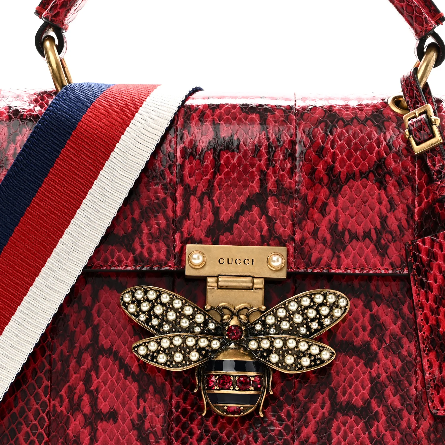 Snakeskin Sylvie Web Small Queen Margaret Top Handle Bag Red - Top Club