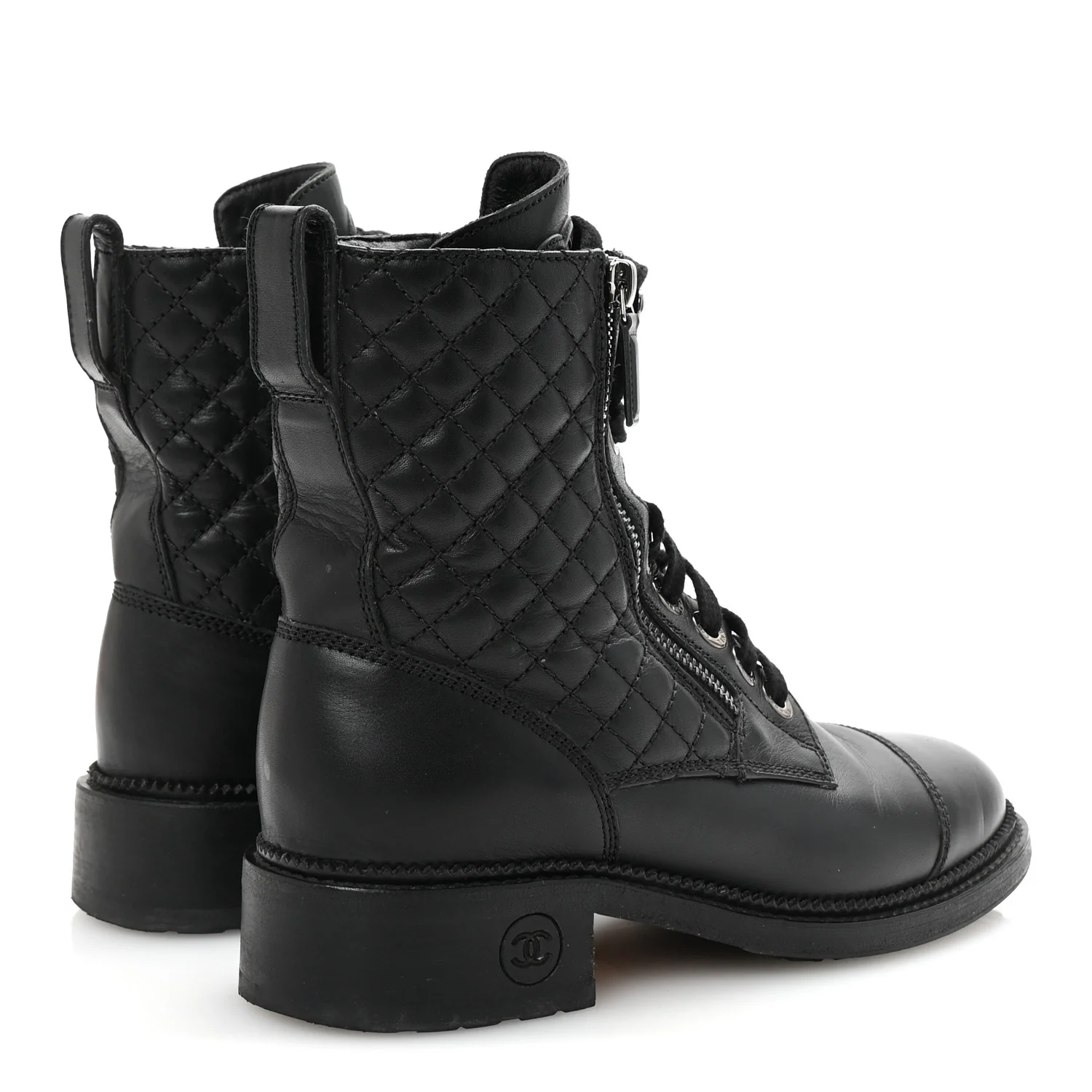 Calfskin Quilted Lace Up Combat Boots 37.5 Black - Top Club