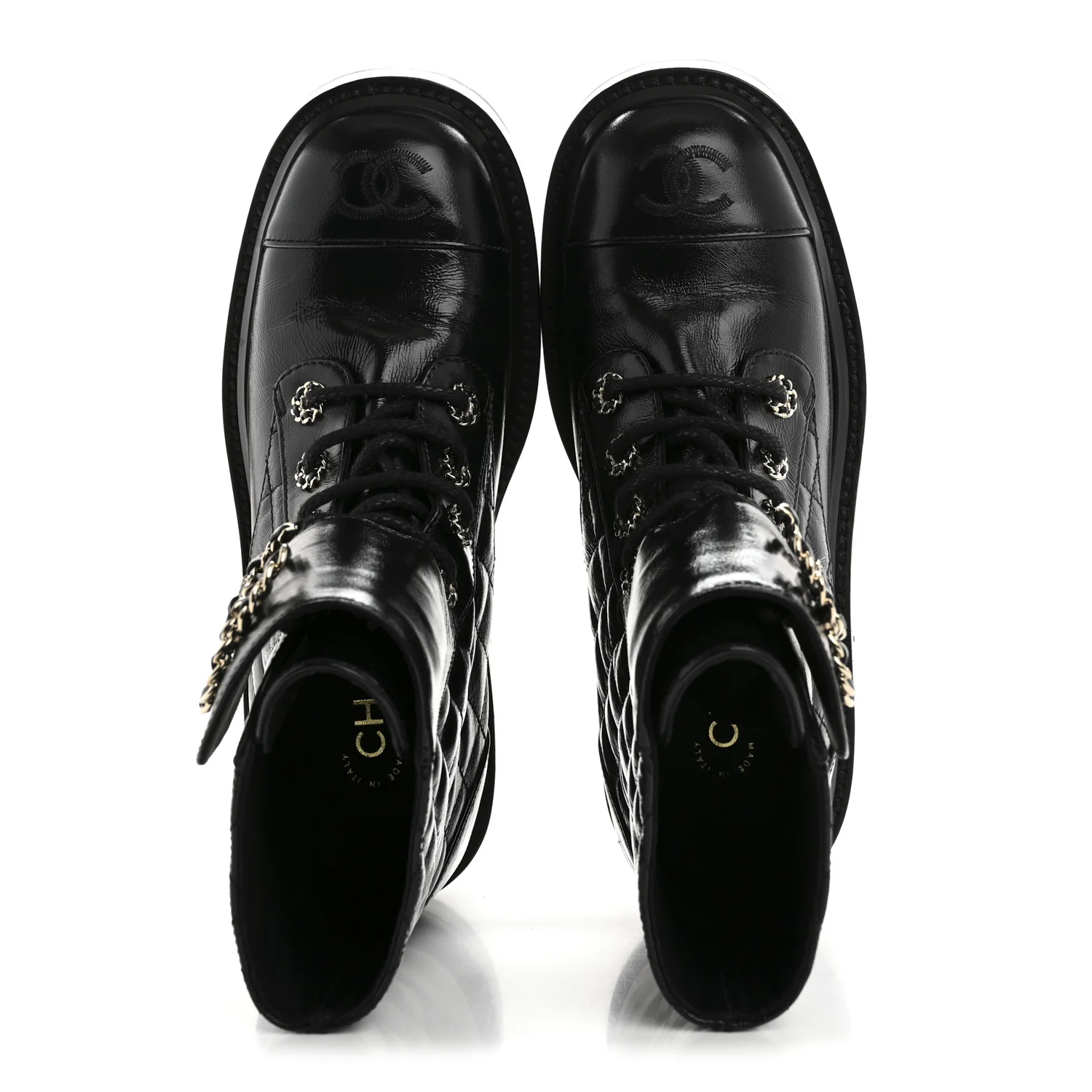 Shiny Lambskin Quilted Lace Up Combat Boots 37 Black