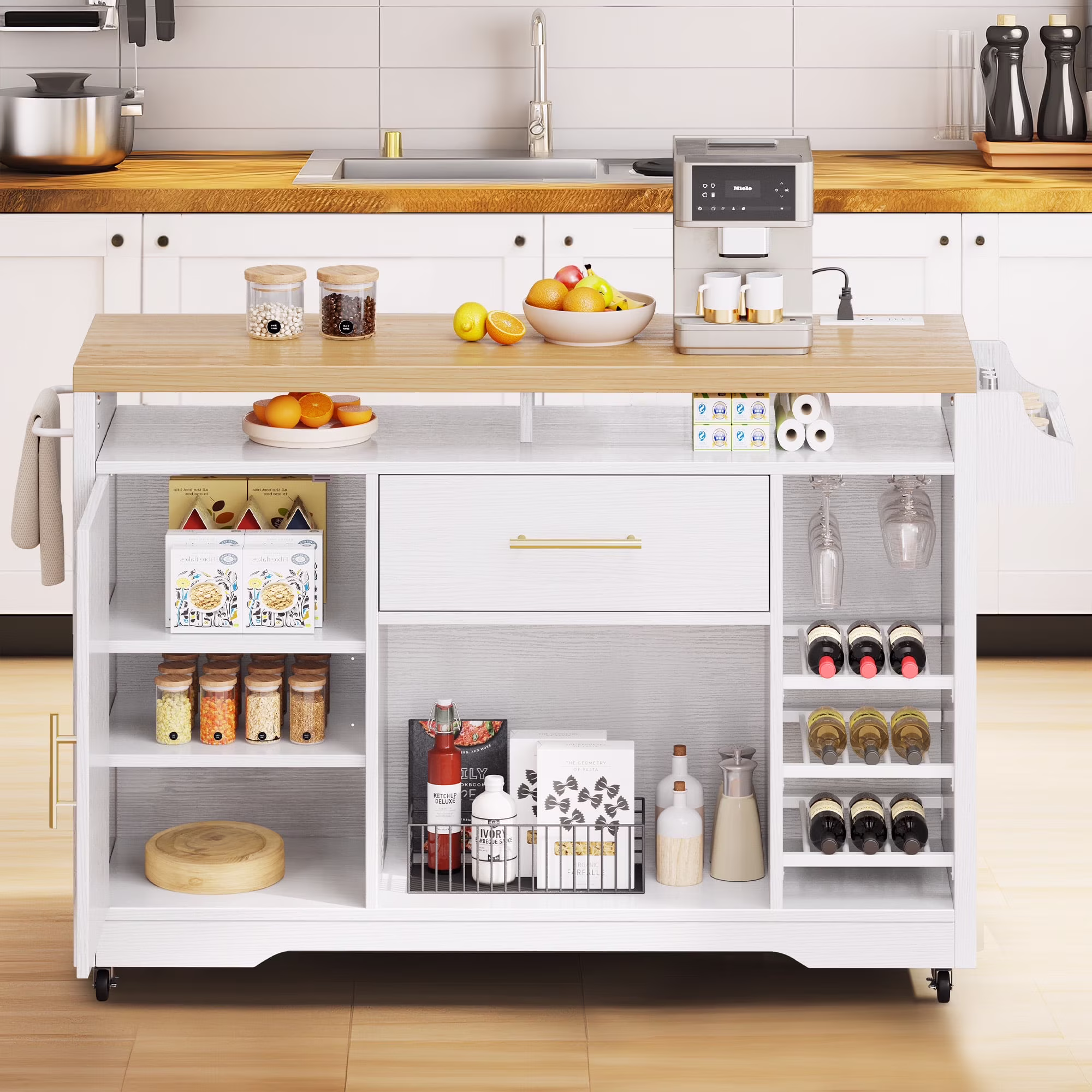 Dextrus 47" Kitchen Storage Cart with Wine Rack, Rolling Kitchen Island with Power Outlets, White