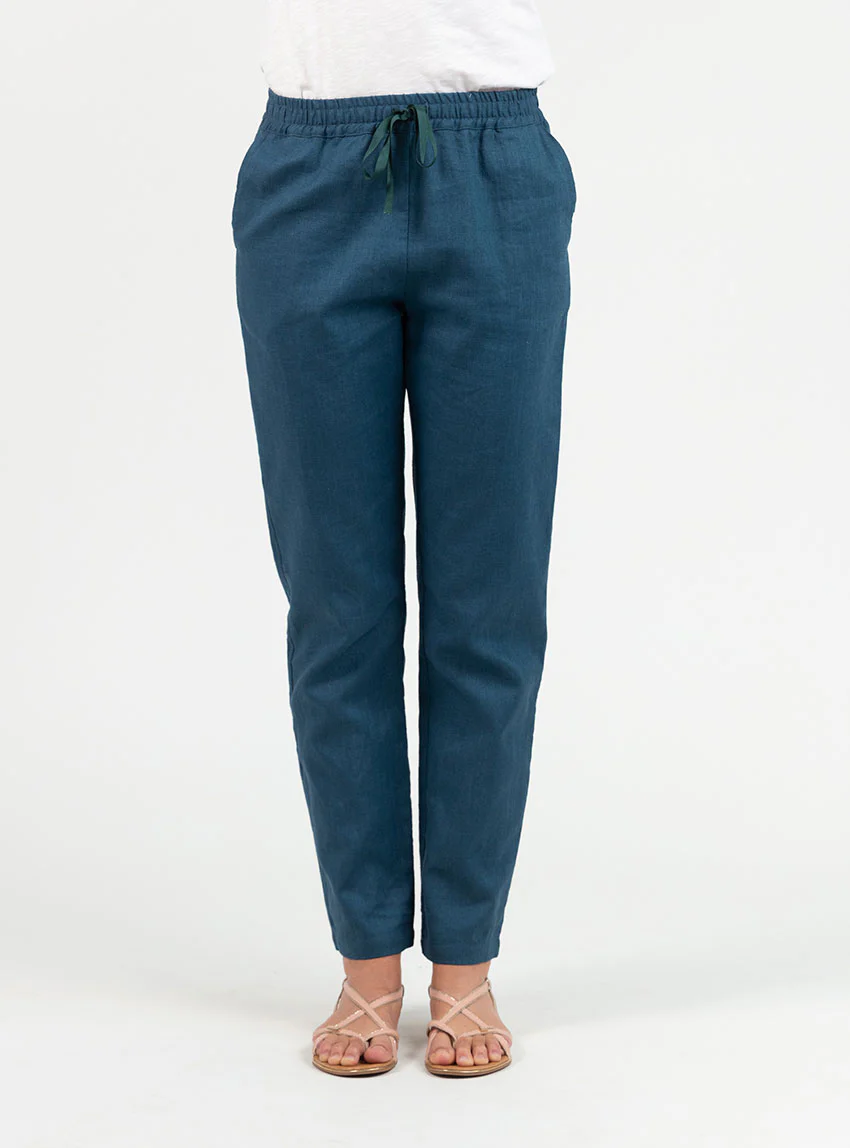 Pantalon femme en lin et coton bleu paon