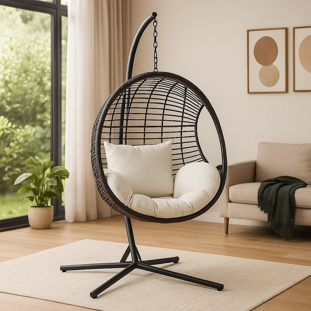 Hanging chair, round, made of rattan and metal, black-beige, with frame, for garden or terrace, dimensions 90 x 90 x 195 cm - OdA8DmTBcaUJ