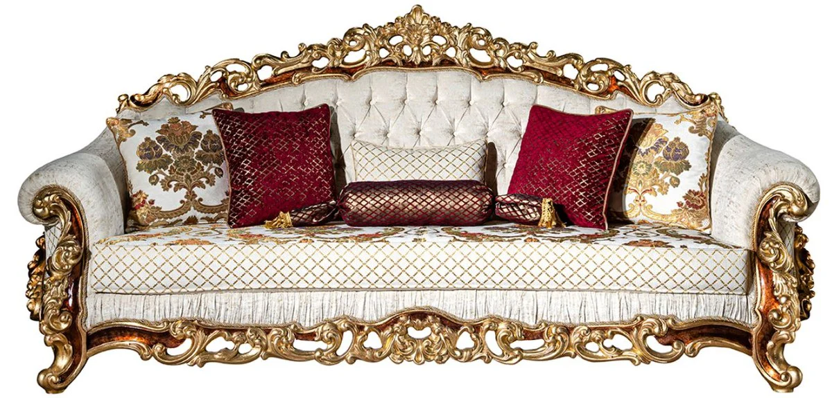 Luxury Baroque Sofa White / Gold / Brown / Gold - Magnificent living room sofa with decorative pillows - Baroque furniture