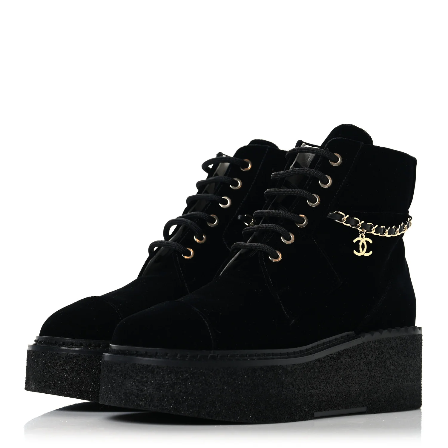 Velvet Chain Lace Up CC Short Boots 37 Black - Top Club
