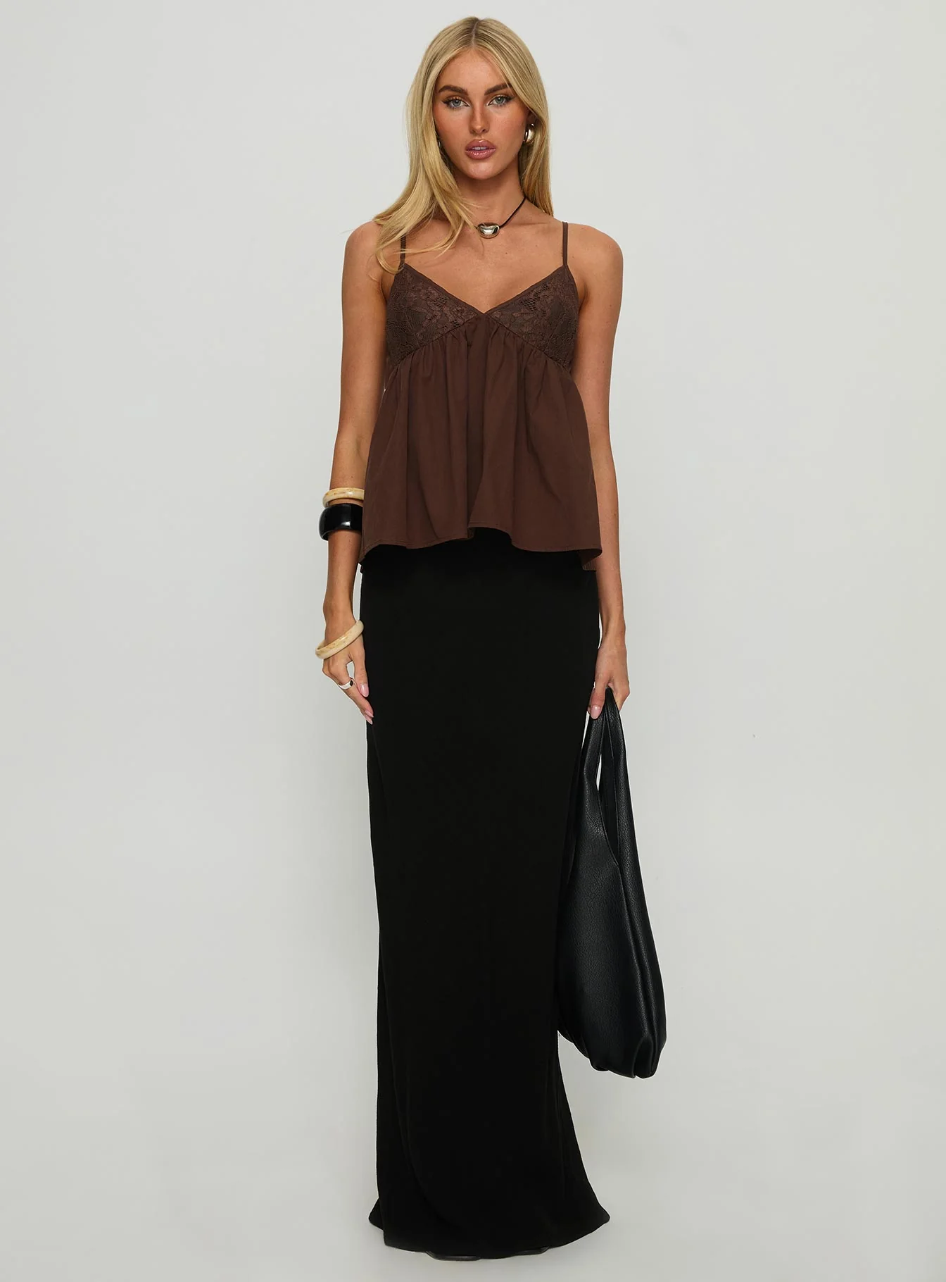 Janeesa Frill Lace Detail Cami Top Brown