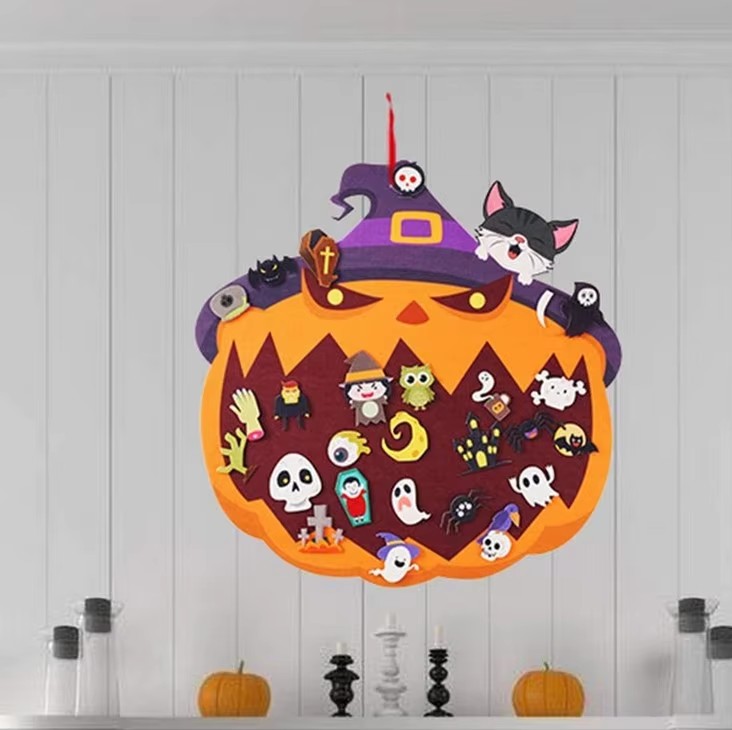 Halloween 3D DIY Felt Wall Hanging Decorations Pumpkin Cat Ornament with Ghost Spider Owl Festive Ambience
