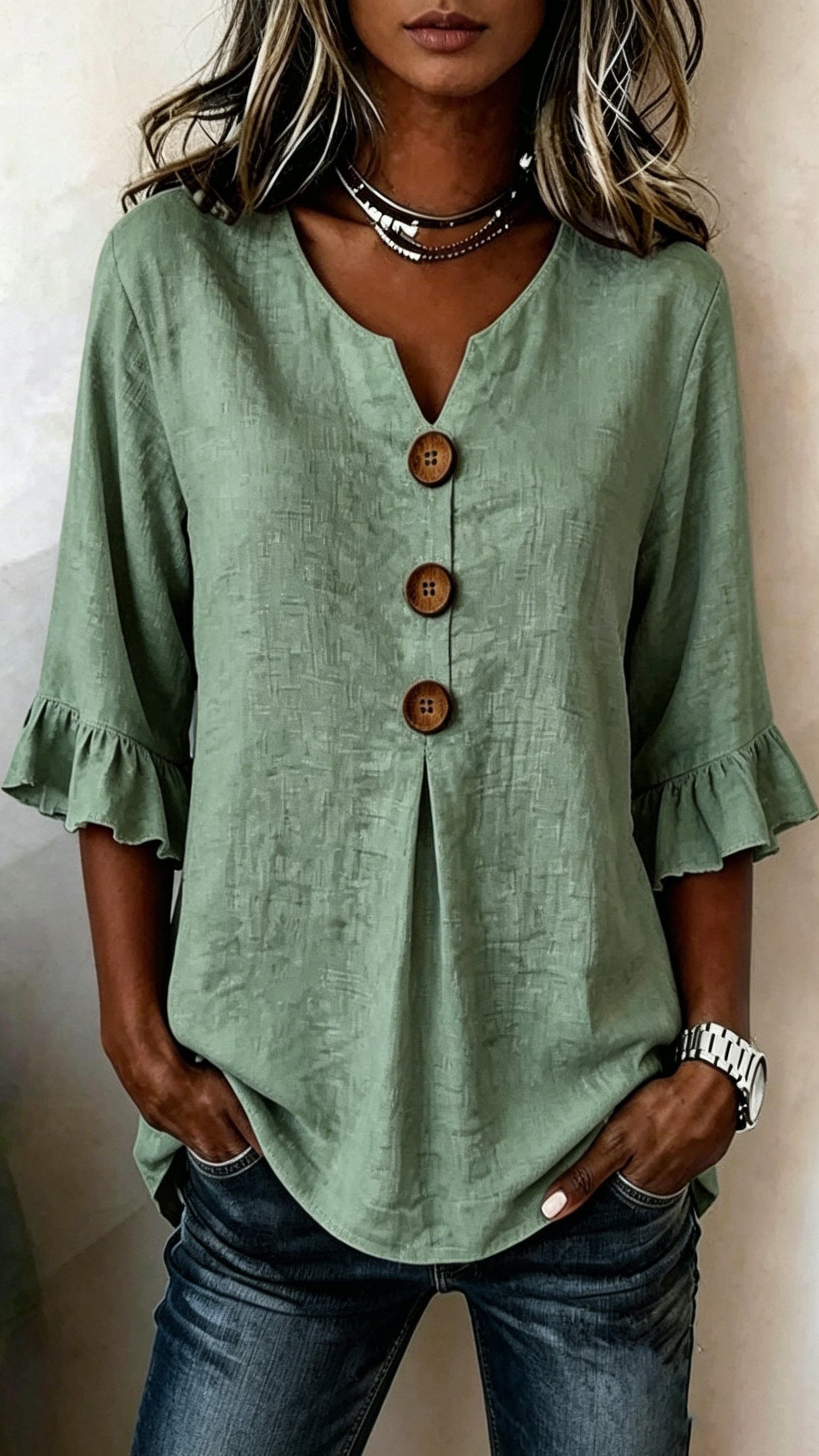 Women's V-Neck Cotton-Linen Button-Up Top - Nordfashionstorm - Women's Clothing, Fashion for You - Nordfashionstorm.com