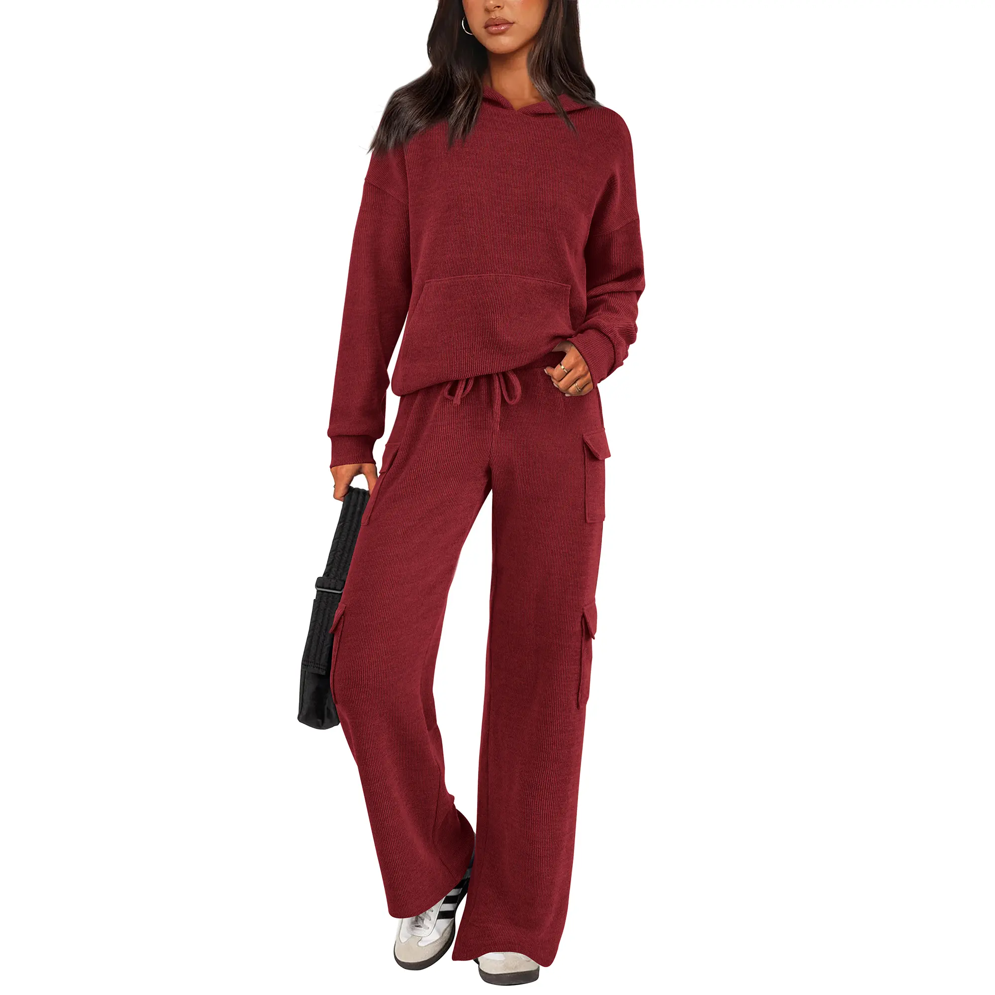 PRETTYGARDEN Women's Navy Blue 2-Piece Knitted Sets Hoodie & Wide Leg Pants with Pockets Drawstring Long Sleeve Loungewear Tracksuits Basic Fitted Clothes