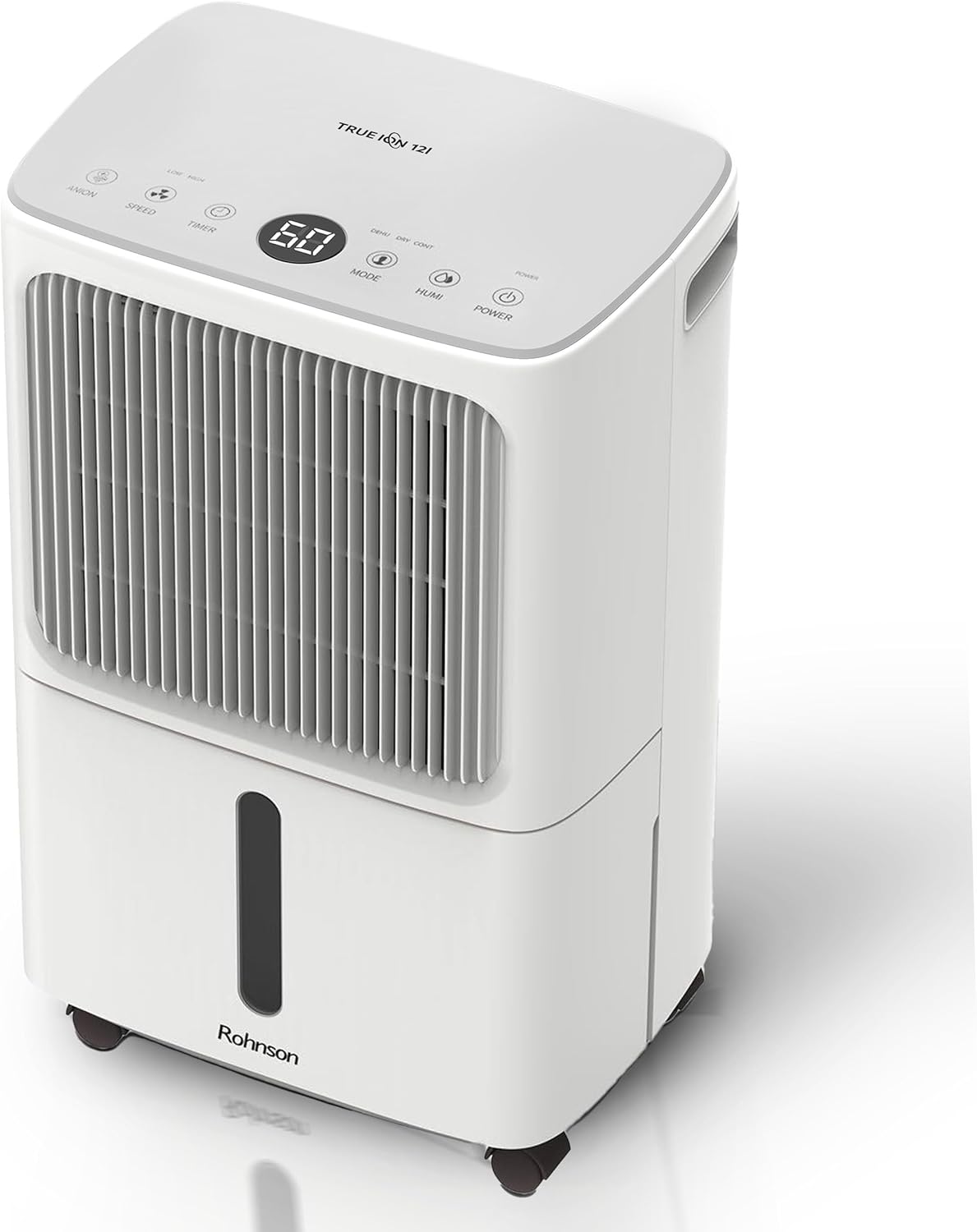 Rohnson Deumidificatore - 12L/Giorno, per 60 m², Serbatoio 2L, Silenzioso 36dB, Asciugatura Bucato, Ionizzatore, Controllo Umidità Digitale, Drenaggio Continuo, Ruote e Maniglia, Timer 24h
