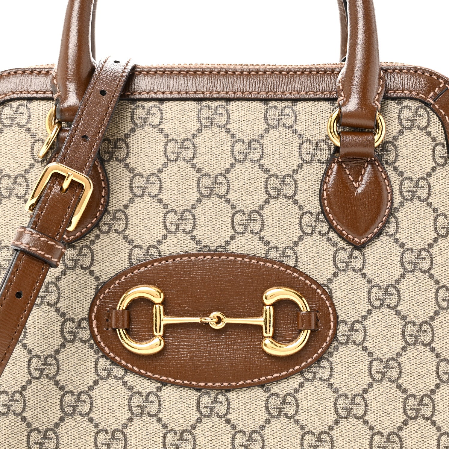 GG Supreme Monogram Azalea Calfskin Small Horsebit 1955 Top Handle Bag Beige Ebony Brown Sugar - Top Club
