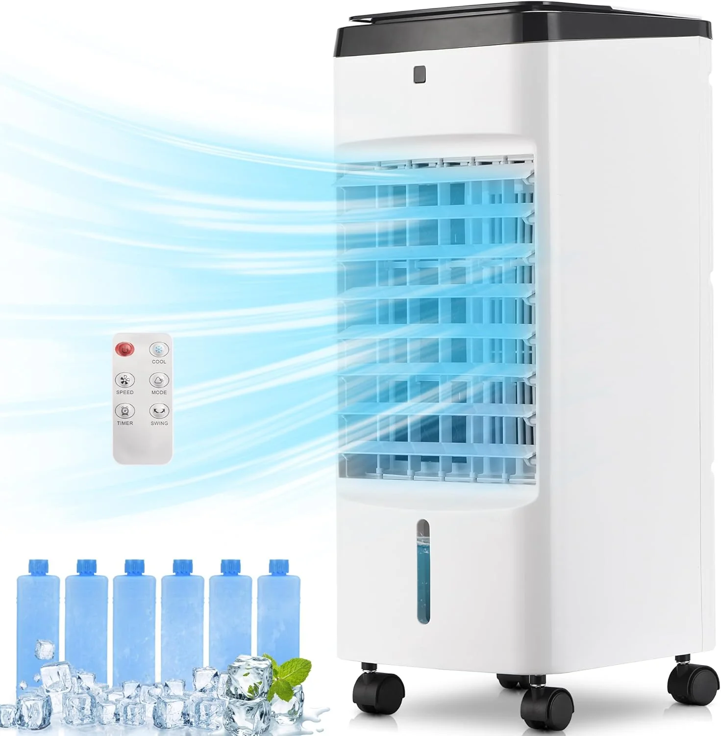 Uthfy Portable Air Conditioners, 3 IN 1 Evaporative Air Cooler with Detachable Water Tank, 6 Ice Packs, 12H Timer, 120° Oscillation, Remote, 3 Speeds, 4 Modes, Swamp Cooler for Bedroom, Office