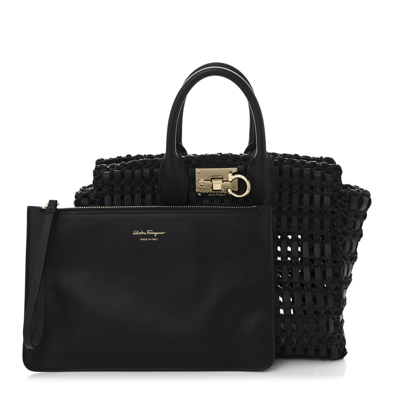 Raffia Calfskin The Studio Box Tote Black - Top Club