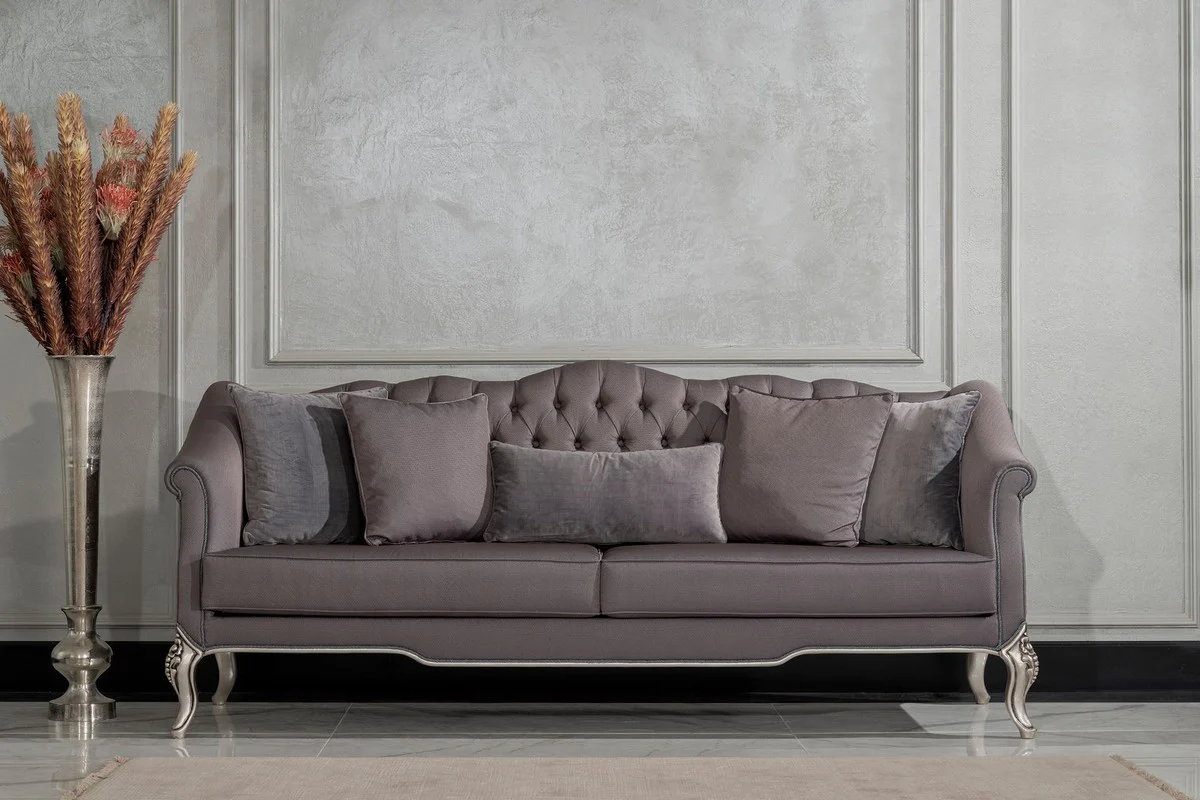 Luxury Baroque Living Room Sofa Gray / Silver - Handmade Baroque Style Sofa with Decorative Cushions - Baroque Furniture - Luxury Living Room Furniture in Baroque Style - Noble & Magnificent
