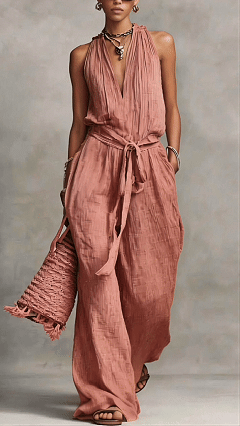 Women's Cotton-Blend Dusty Pink Halter Neck Waisted Jumpsuit - Nordfashionstorm - Women's Clothing, Fashion for You - Nordfashionstorm.com