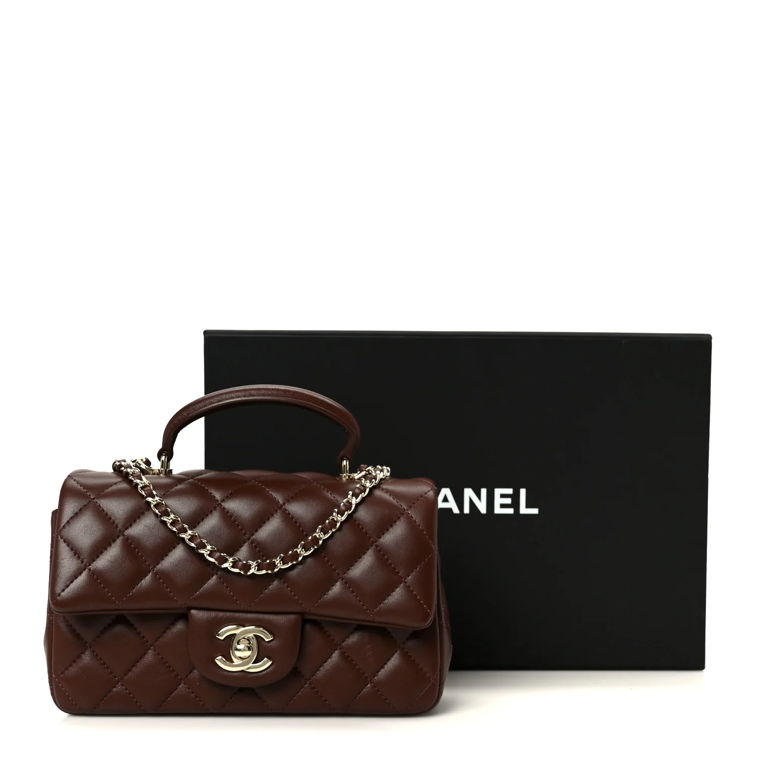 Lambskin Quilted Mini Top Handle Rectangular Flap Dark Brown - Top Club
