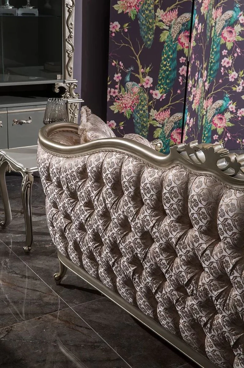 Luxury baroque living room sofa pink / silver 245 x 83 x H. 104 cm - solid wood sofa with elegant pattern and decorative pillows - living room furniture in baroque style