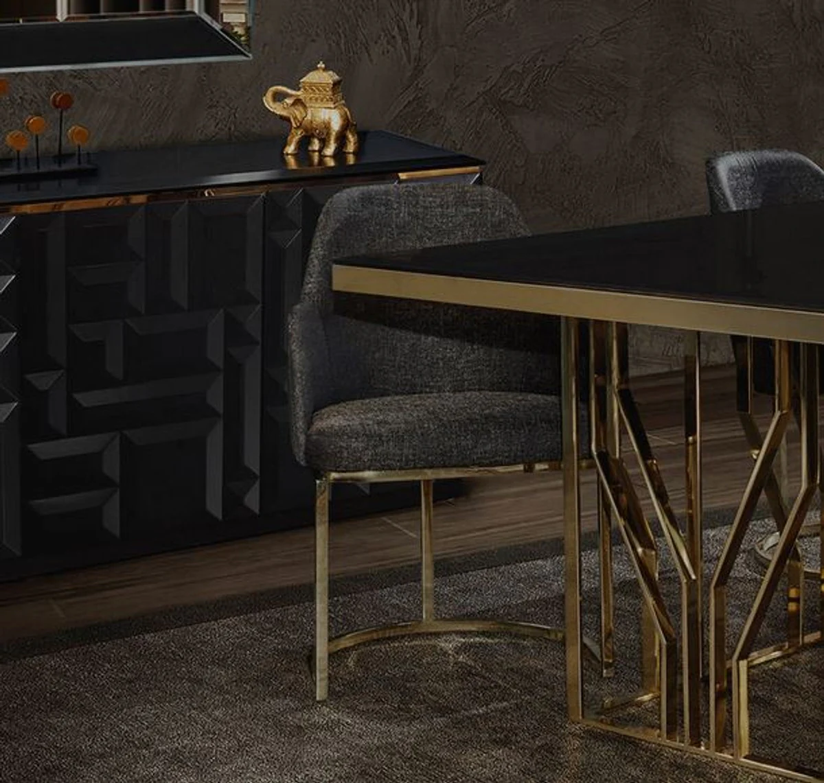 Luxury Dining Room Furniture Set Gray / Gold / Black - 1 Dining Table & 6 Dining Chairs - Luxury Dining Room Furniture