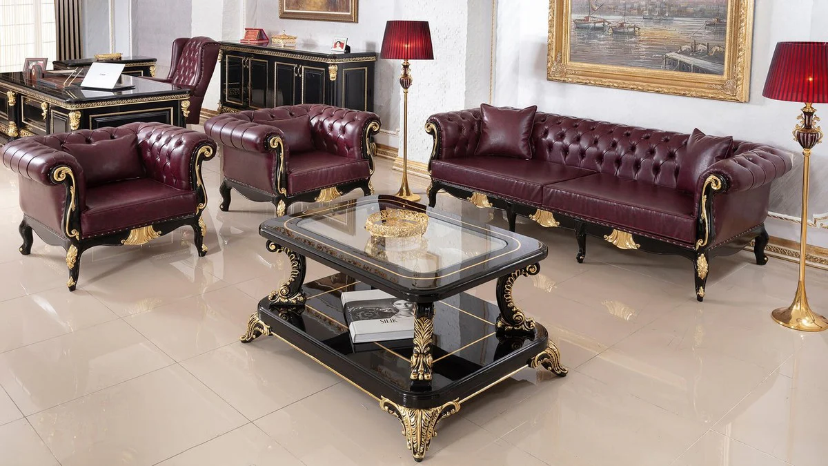 Luxury baroque coffee table with glass top black / gold - magnificent solid wood living room table in baroque style - baroque living room furniture - noble & magnificent