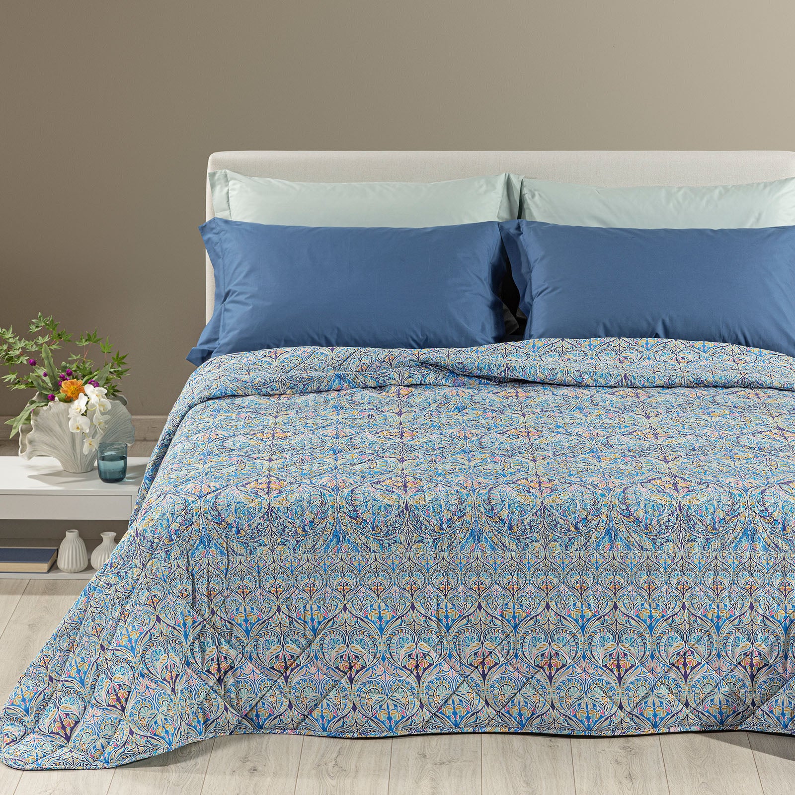 Copriletto Trapuntato In Cotone Virgin Matrimoniale Blu Caleffi