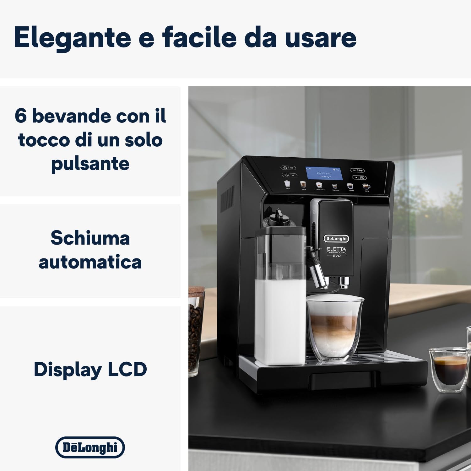 Eletta Evo ECAM 46.860.B macchina da caffè automatica, con sistema lattecrema, cappuccino ed espresso premendo un pulsante, display LCD e tasti sensori, 2 litri, colore nero