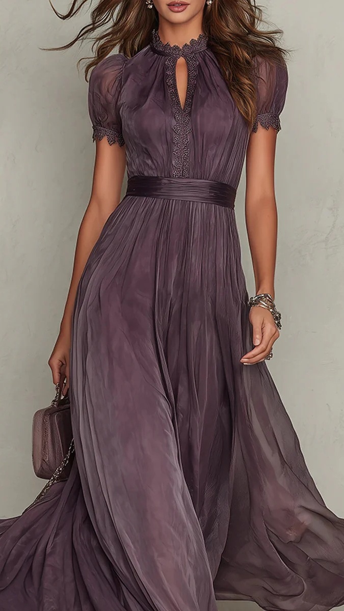 Women's High-Neck, Lace-Paneled, Flowy Chiffon Dress - Nordfashionstorm - Women's Clothing, Fashion for You - Nordfashionstorm.com
