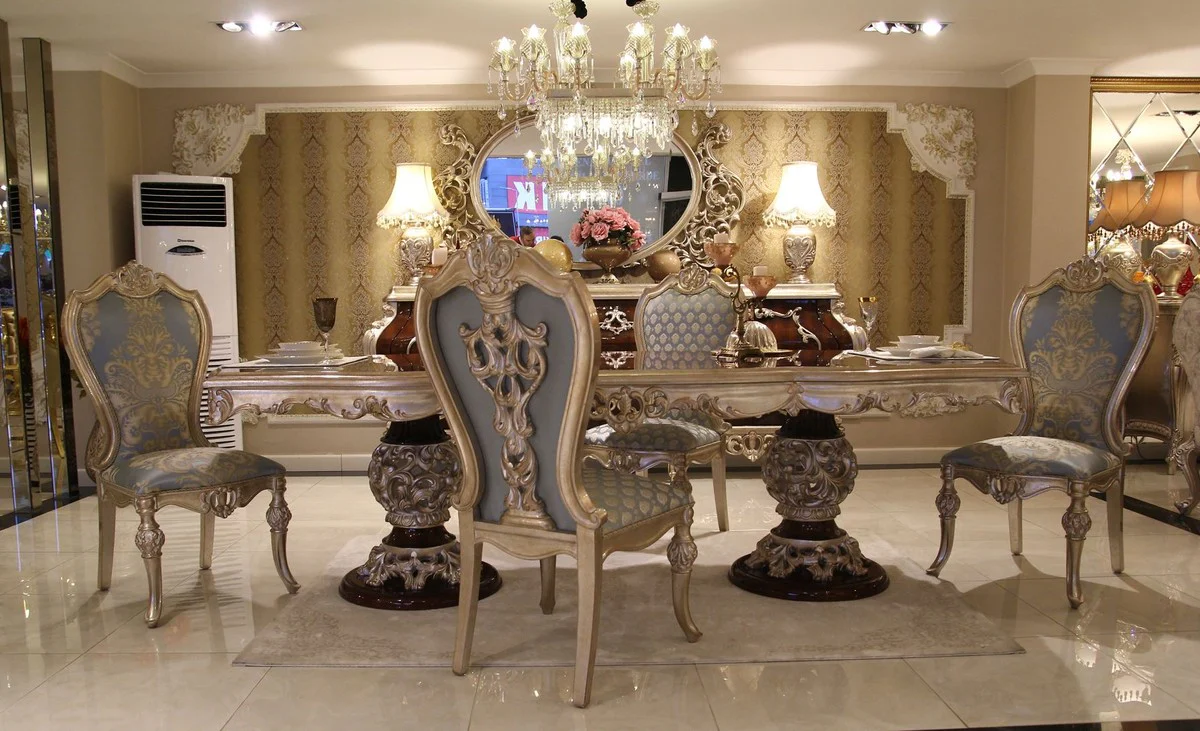 Luxury Baroque Dining Room Chair Set Light Blue / Beige / Silver - Magnificent Kitchen Chairs Set of 8 - Baroque Dining Room Furniture