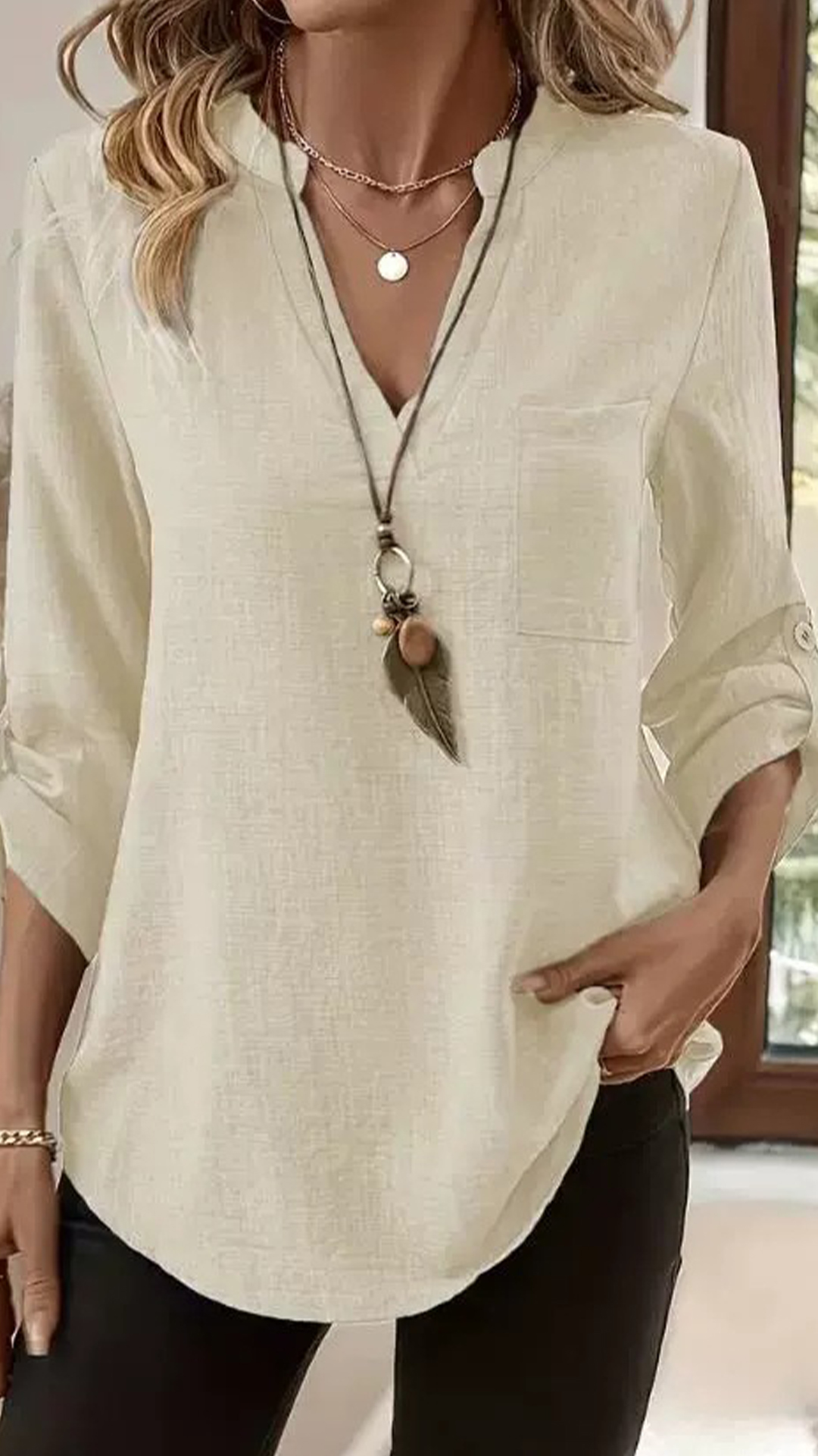 Women's Army Green Linen-Blend Henley Shirt - Nordfashionstorm - Women's Clothing, Fashion for You - Nordfashionstorm.com