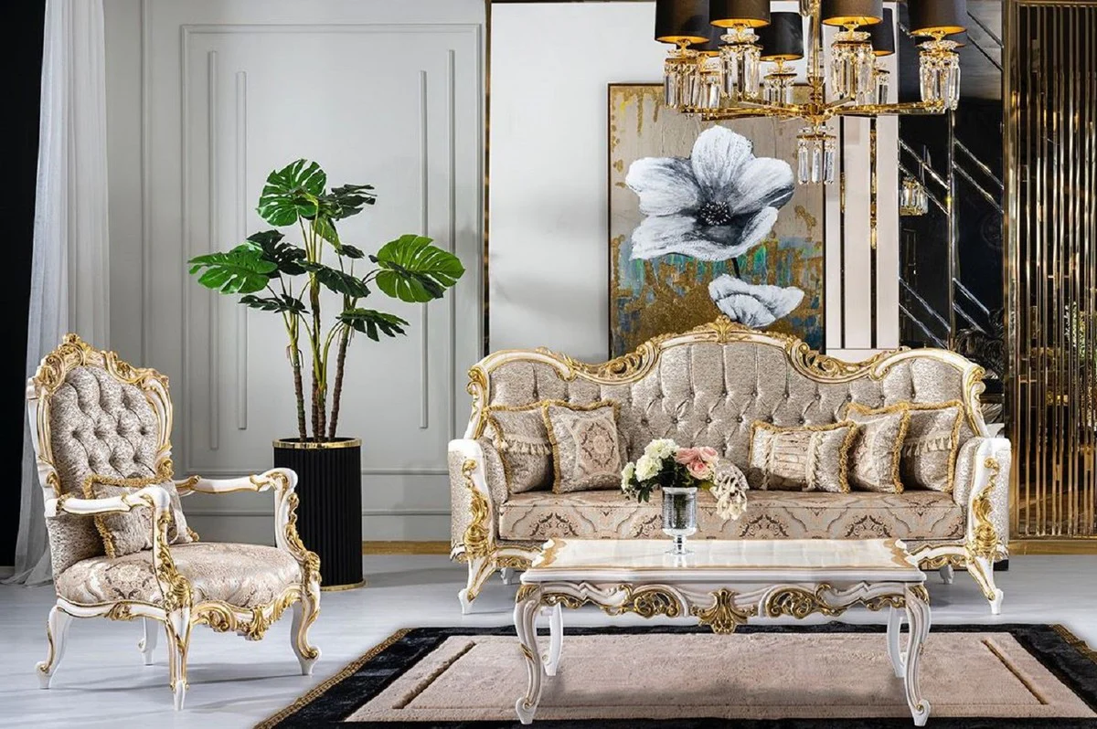 Luxury baroque coffee table white / beige / gold - magnificent living room table in baroque style - baroque style living room furniture - baroque furniture - baroque furnishings - luxury furniture in baroque style