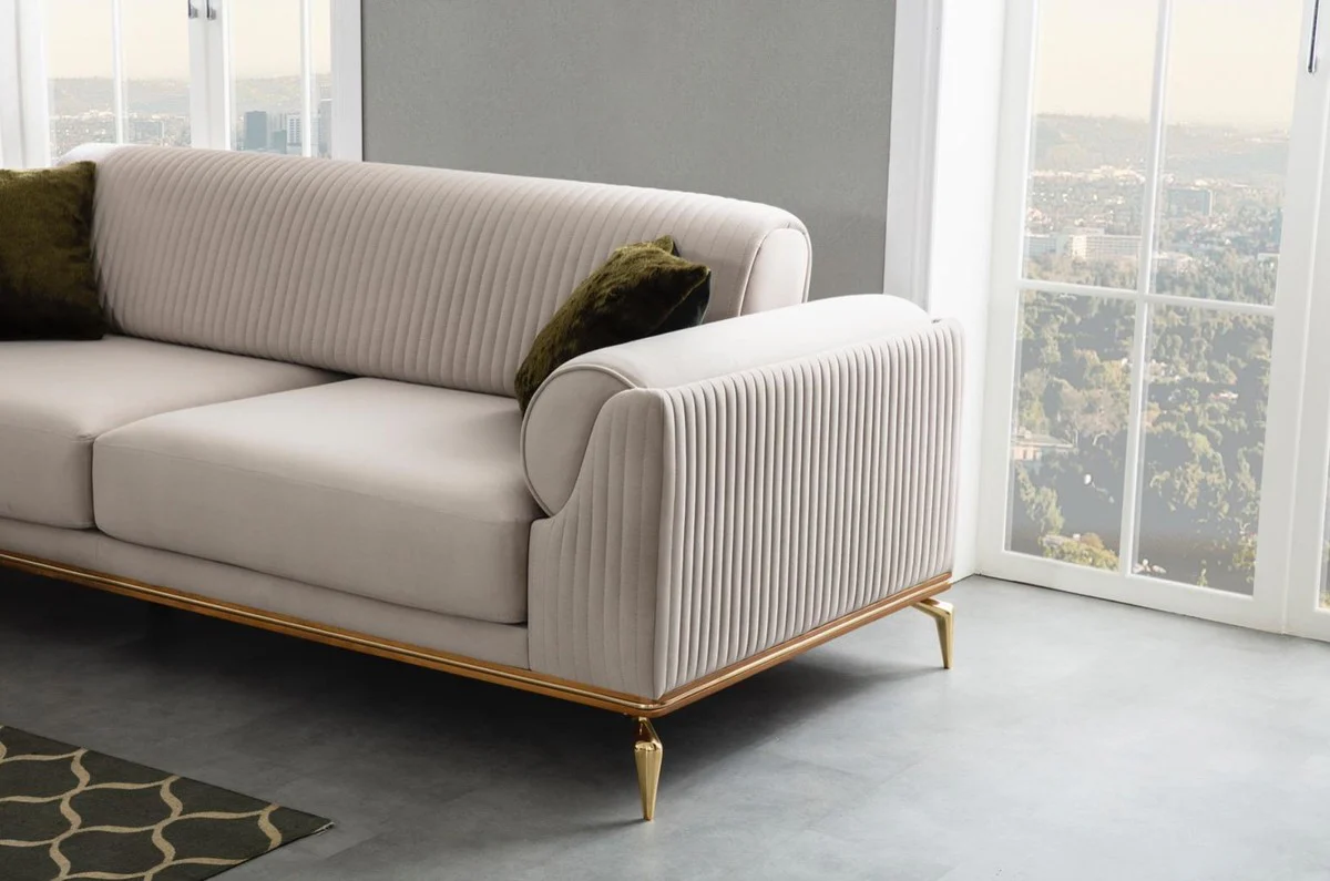 Luxury Art Deco sofa light gray / brown / gold 230 x 100 x H. 92 cm - Noble living room sofa with decorative pillows - Luxury Art Deco furniture