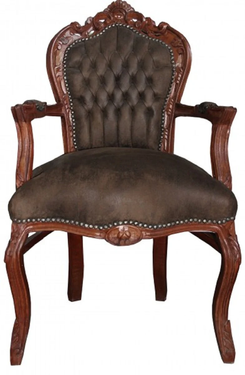 Baroque dining room set brown / brown leather look 53 x 57 x H. 108 cm - 4 handmade dining chairs with armrests - Baroque furniture