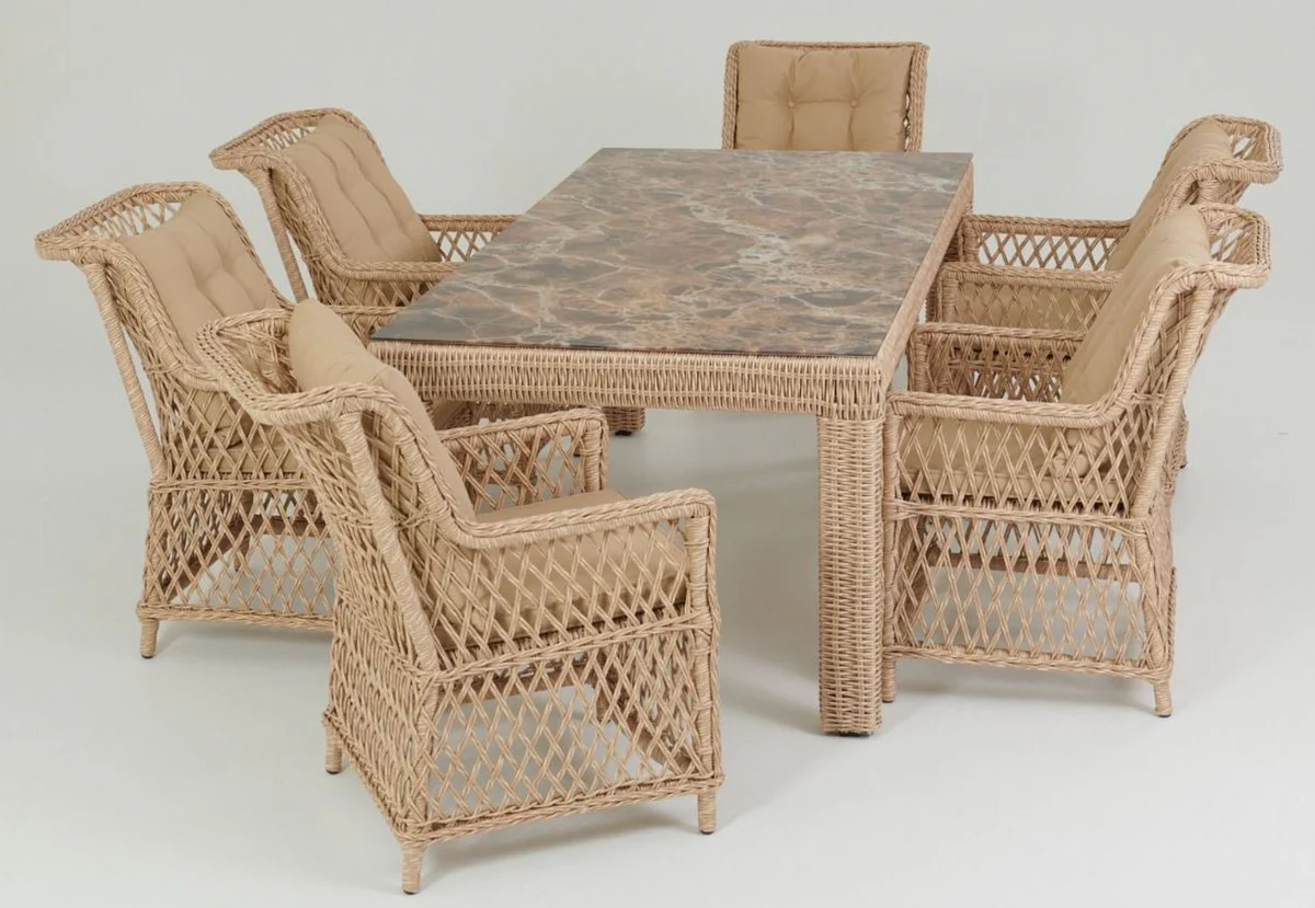 Luxury garden chair set of 6 natural colors / beige 57 x 61 x H. 80 cm - Rattan chairs with armrests and cushions - Modern rattan garden and patio furniture
