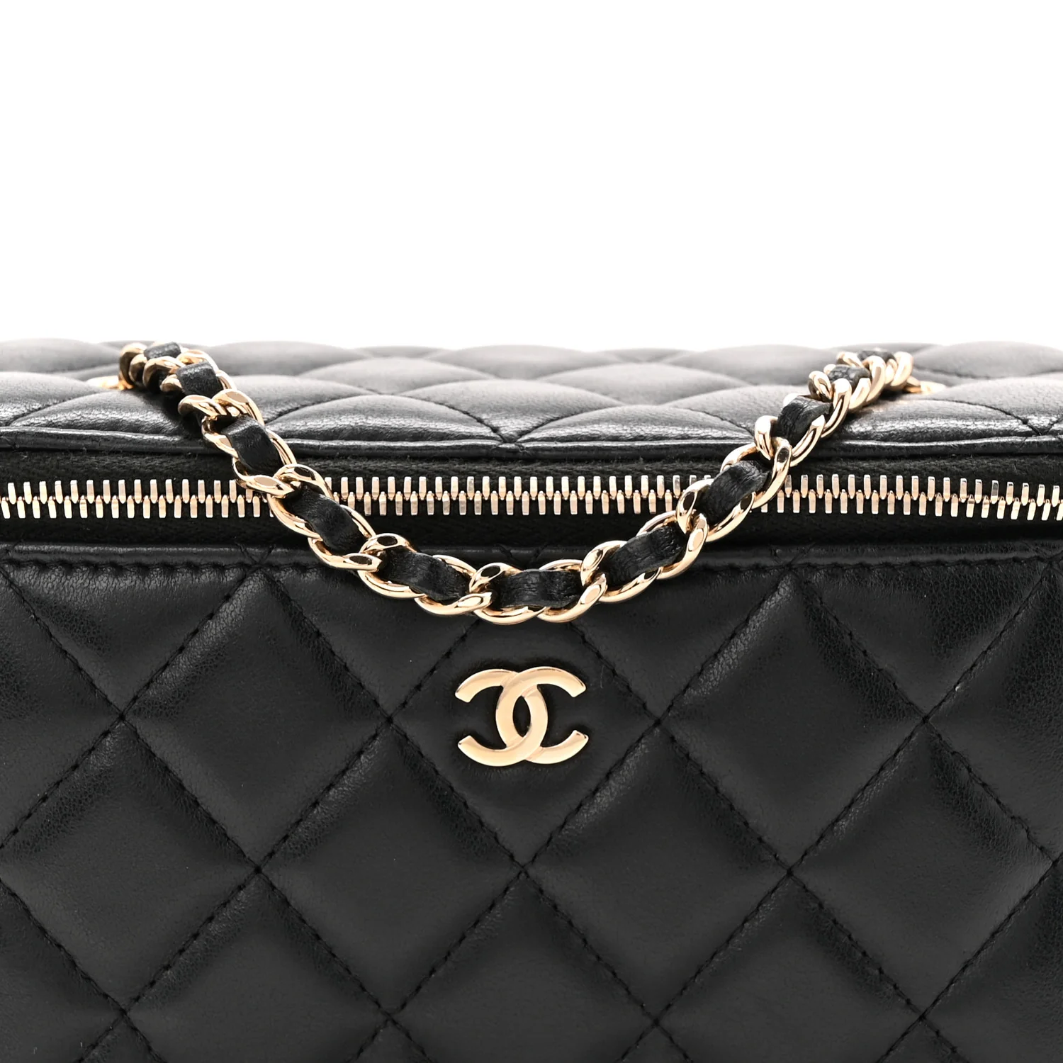Lambskin Quilted Small Vanity Case With Chain Black - Top Club