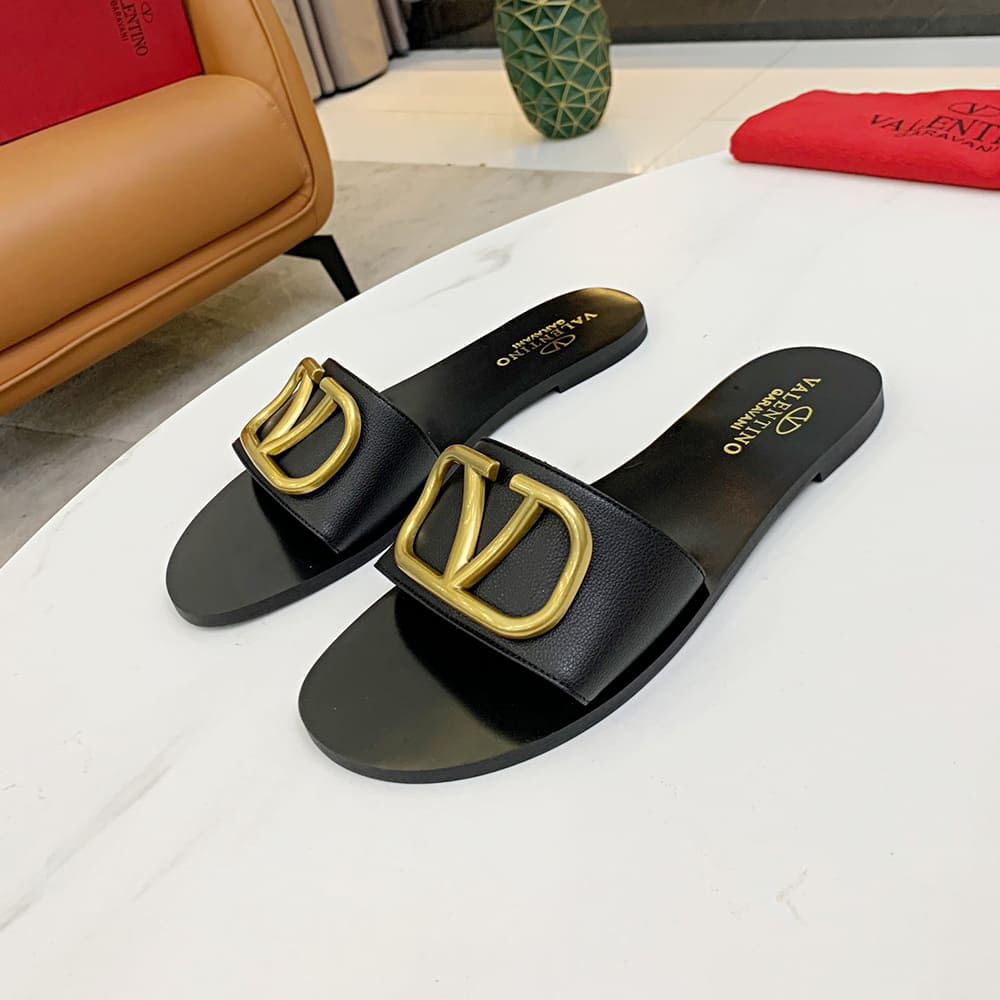 VALENTINO VLOGO SIGNATURE grained cowhide decorative elements slipper sandals (heel height 0.5 cm) - Top Club