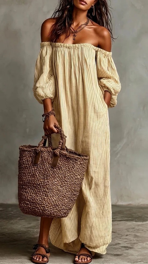 Women's Striped Off-Shoulder Cotton-Linen Vacation-Style Dress - Nordfashionstorm - Women's Clothing, Fashion for You - Nordfashionstorm.com