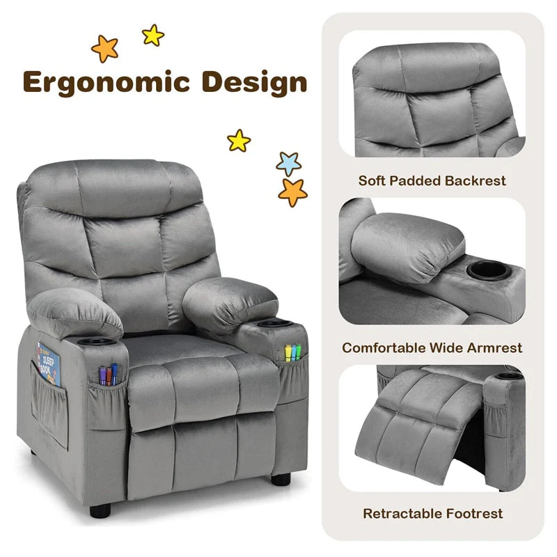 Kids Recliner Chair Adjustable Velvet Lounge Sofa with Cup Holders, 3 Pockets, Retractable Footrest, Toddler Furniture Sofa for Boys Girls Room