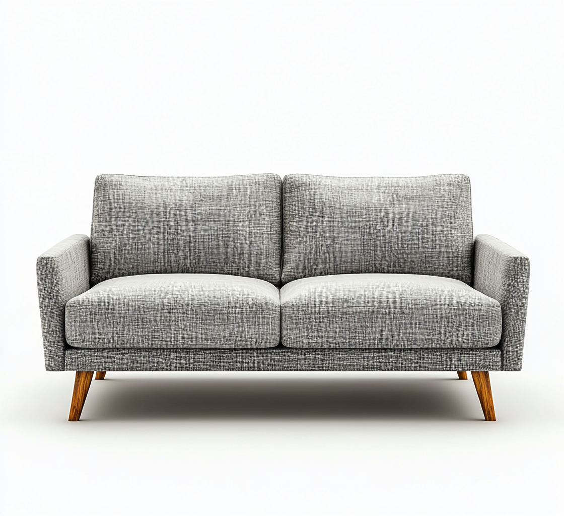 Sofá minimalista gris grafito de líneas rectas y patas de madera clara