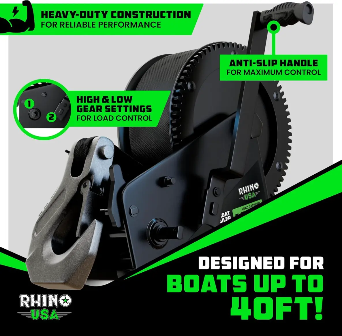 Rhino USA Heavy-Duty Boat Trailer Winch with Crank Handle – Boat Winch Strap with Hook – Corrosion-Resistant – Ideal Boat Accessories for Bass Boats, Jet Skis, Pontoon Boats