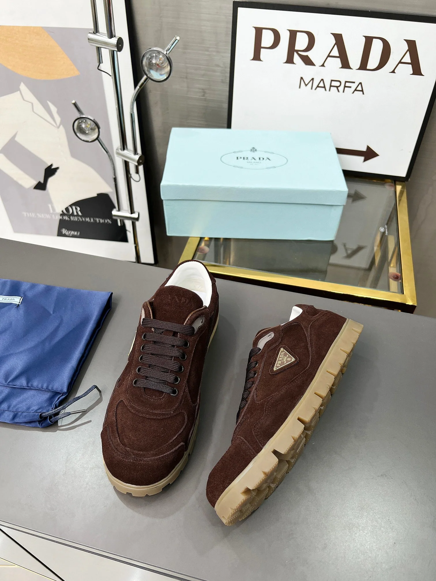 Prada Unisex Sneakers Triangle Logo Suede Luxury Sneakers - Sneaker Replica Workshop