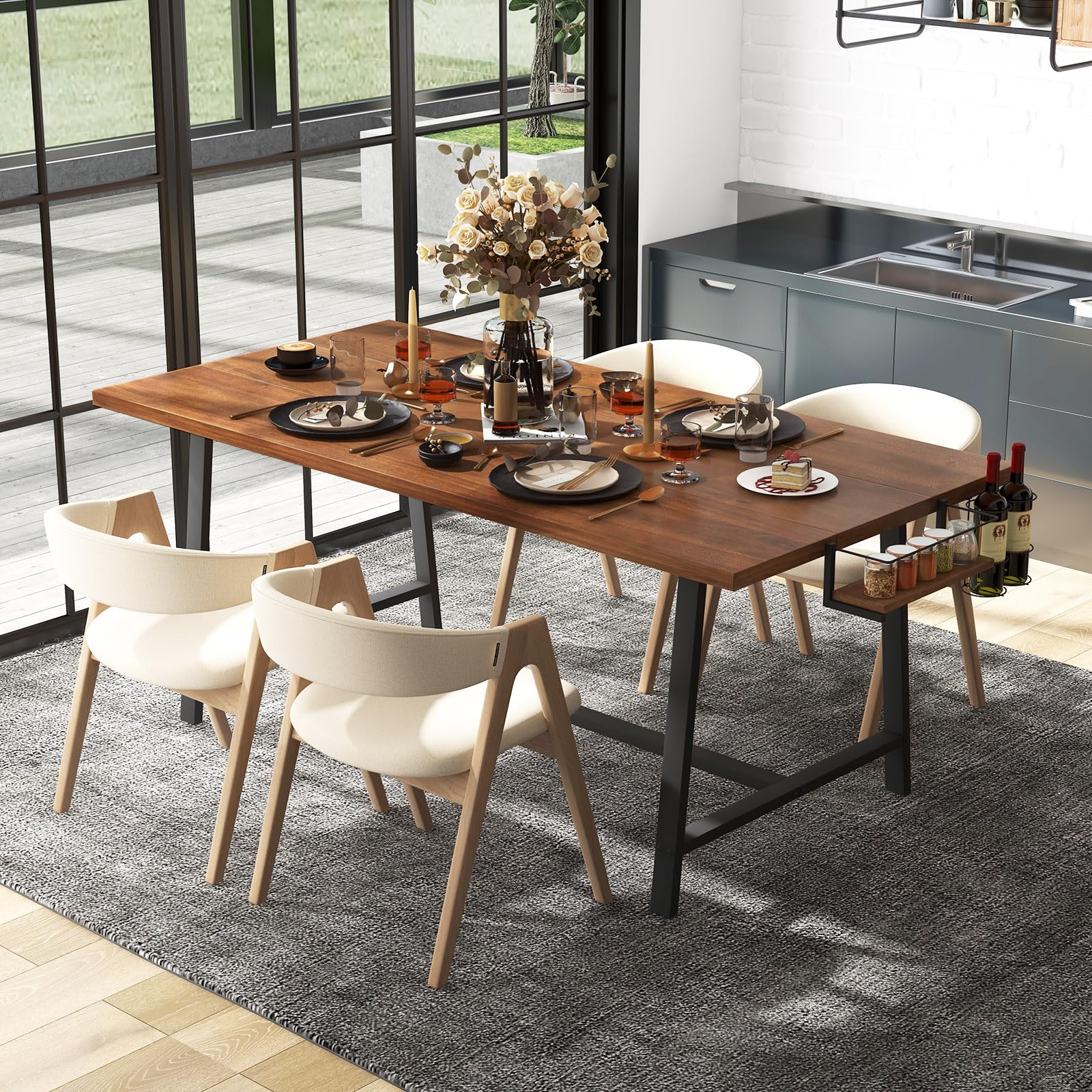 BEFOUNDLOVELY 72-Inch Rectangular Dining Table with 2-Bottle Wine Rack, Condiment Holder & Metal Footrest