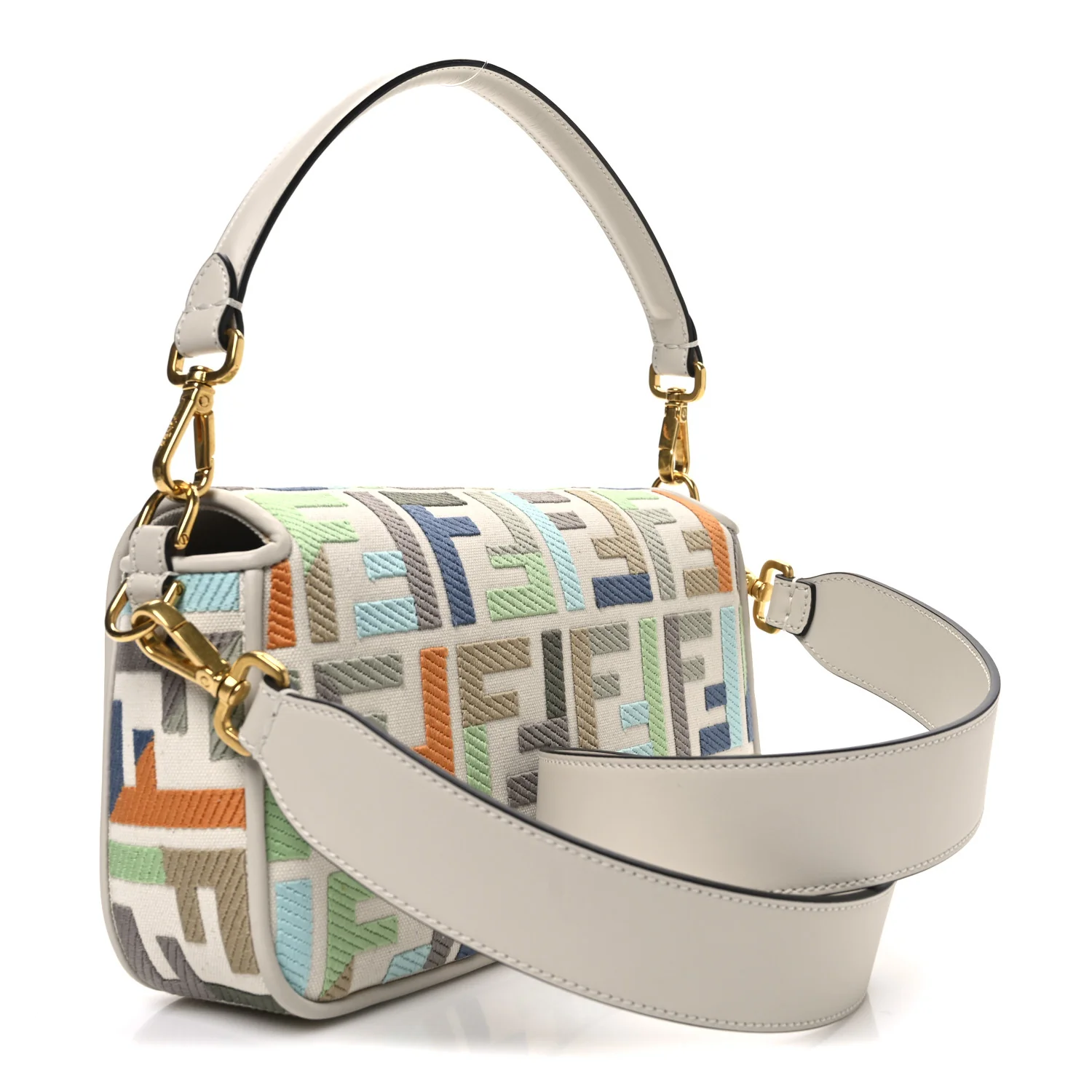 Canvas Vitello Seta FF Multicolor Embroidered Baguette Grezzo Multicolor Latte - Top Club