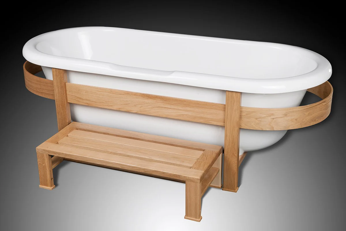 Luxury retro bathtub white / natural colors 178 x 76 x H. 73 cm - Freestanding bathtub with wooden frame and step - Retro bathroom furniture
