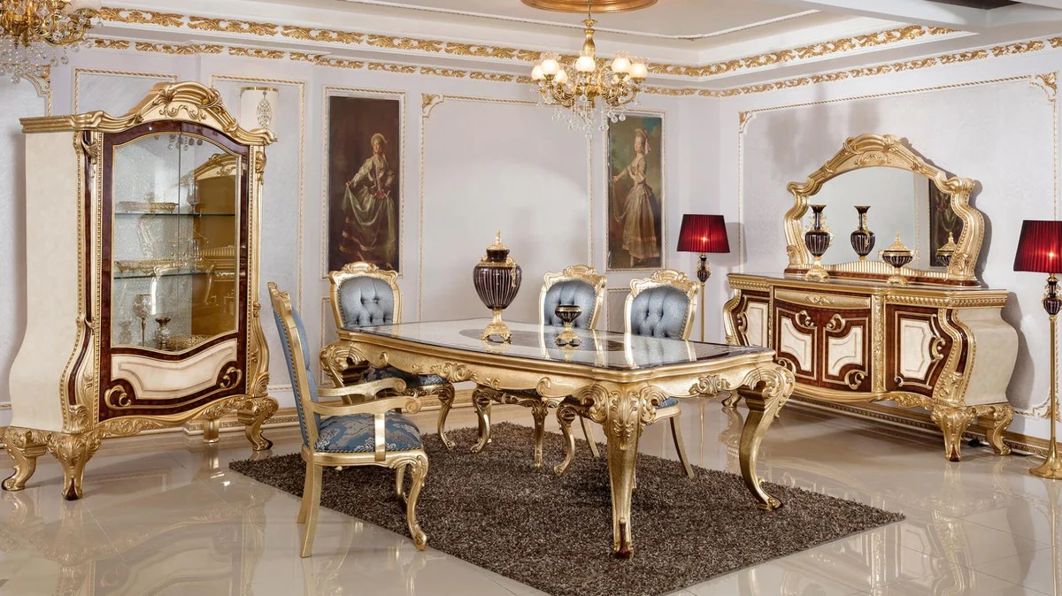 Luxury Baroque Dining Room Set Blue / White / Brown / Gold - 1 Baroque Dining Table & 6 Baroque Dining Chairs - Baroque Dining Room Furniture - Luxury Furniture in Baroque Style - Noble & Magnificent
