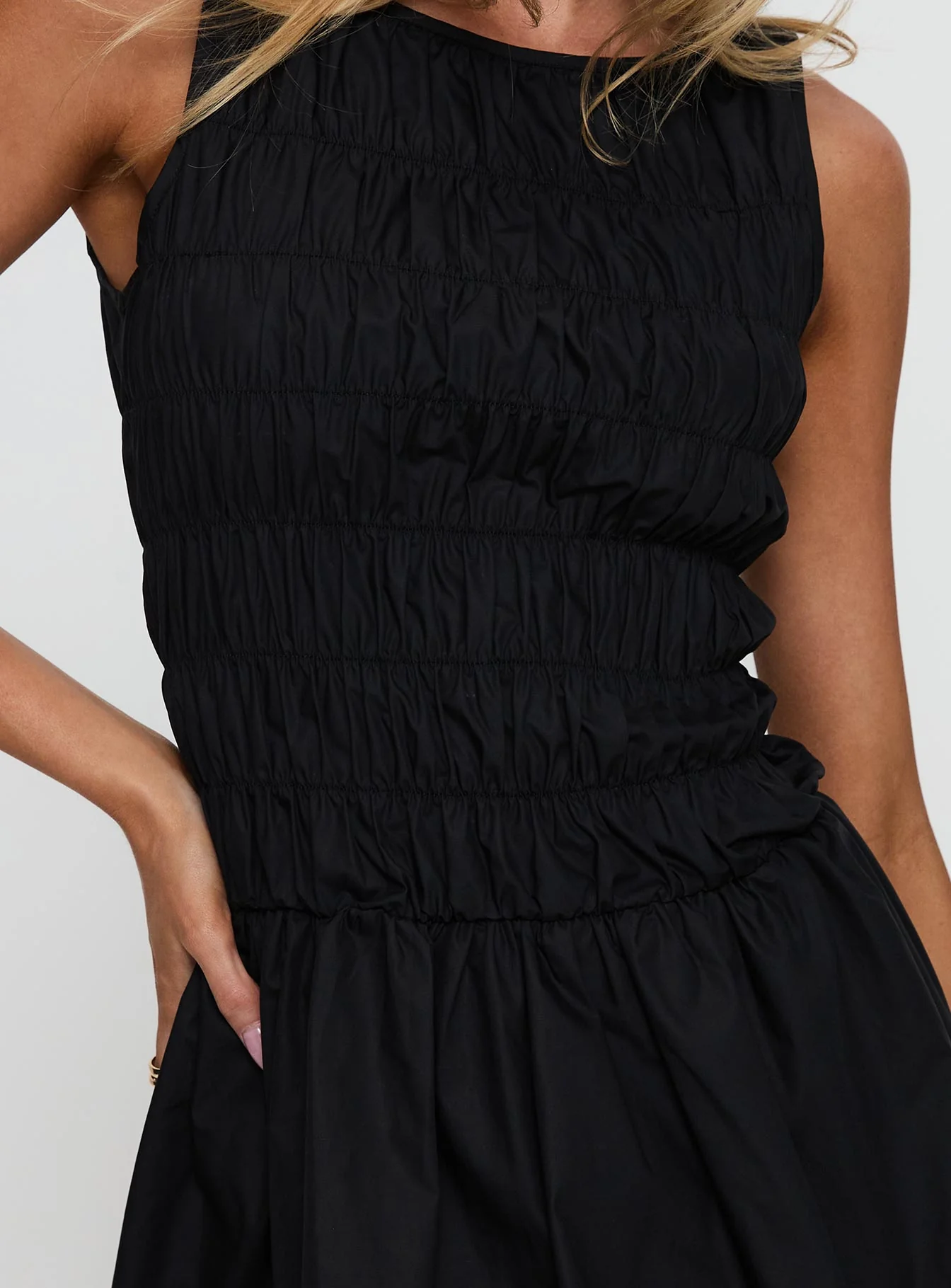 Demure Shirred Bubble Hem Mini Dress Black