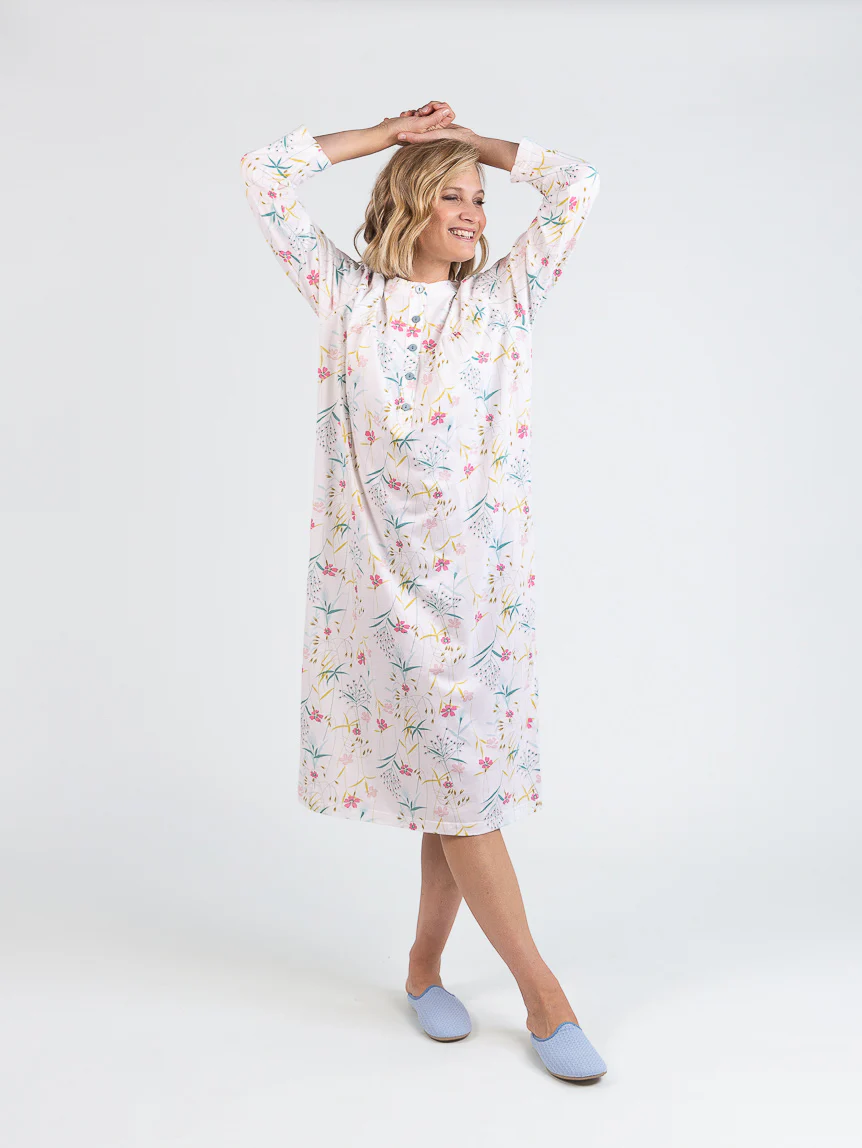 Chemise de nuit femme en coton floral rose poudre