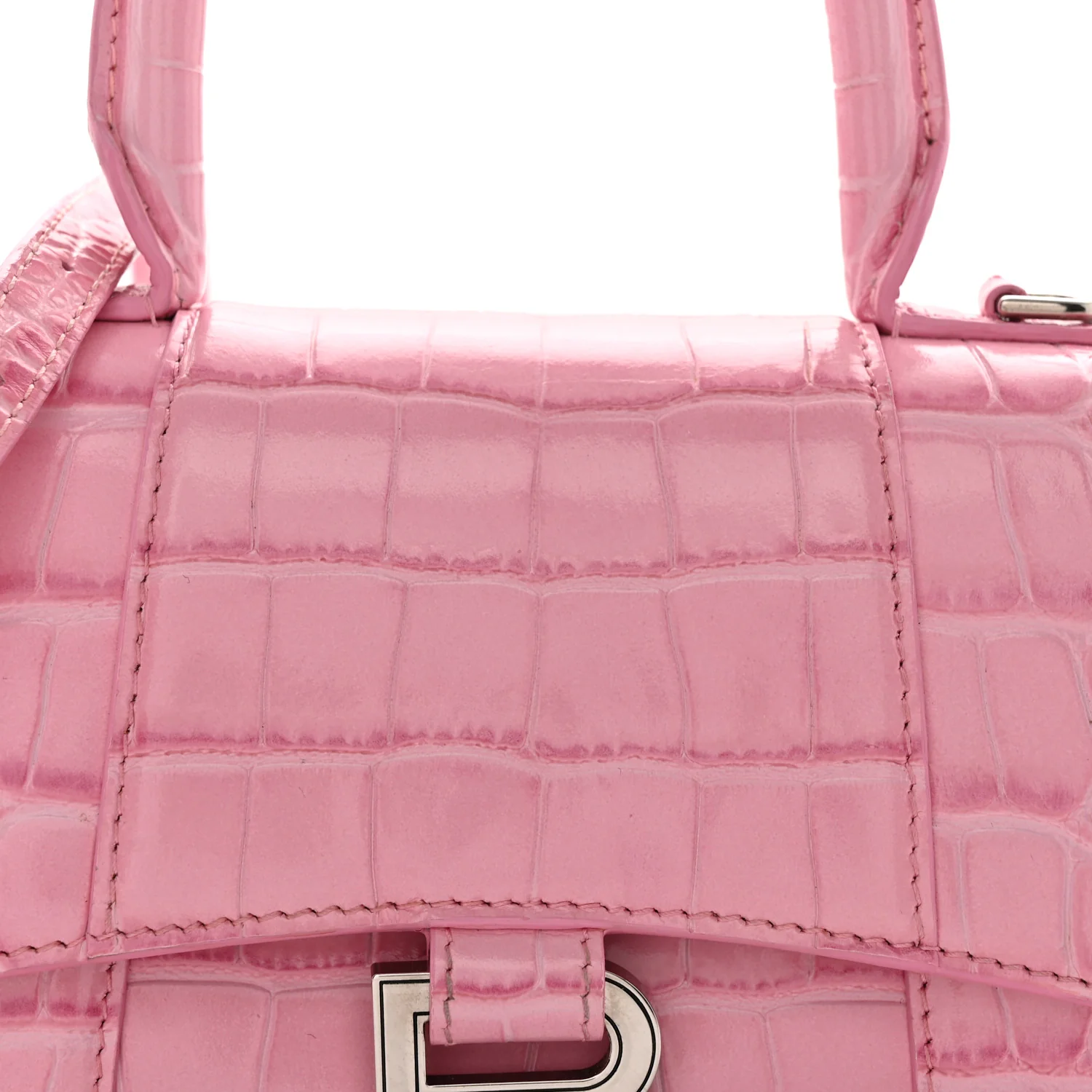 Shiny Calfskin Crocodile Embossed Hourglass Top Handle Bag XS Sweet Pink - Top Club