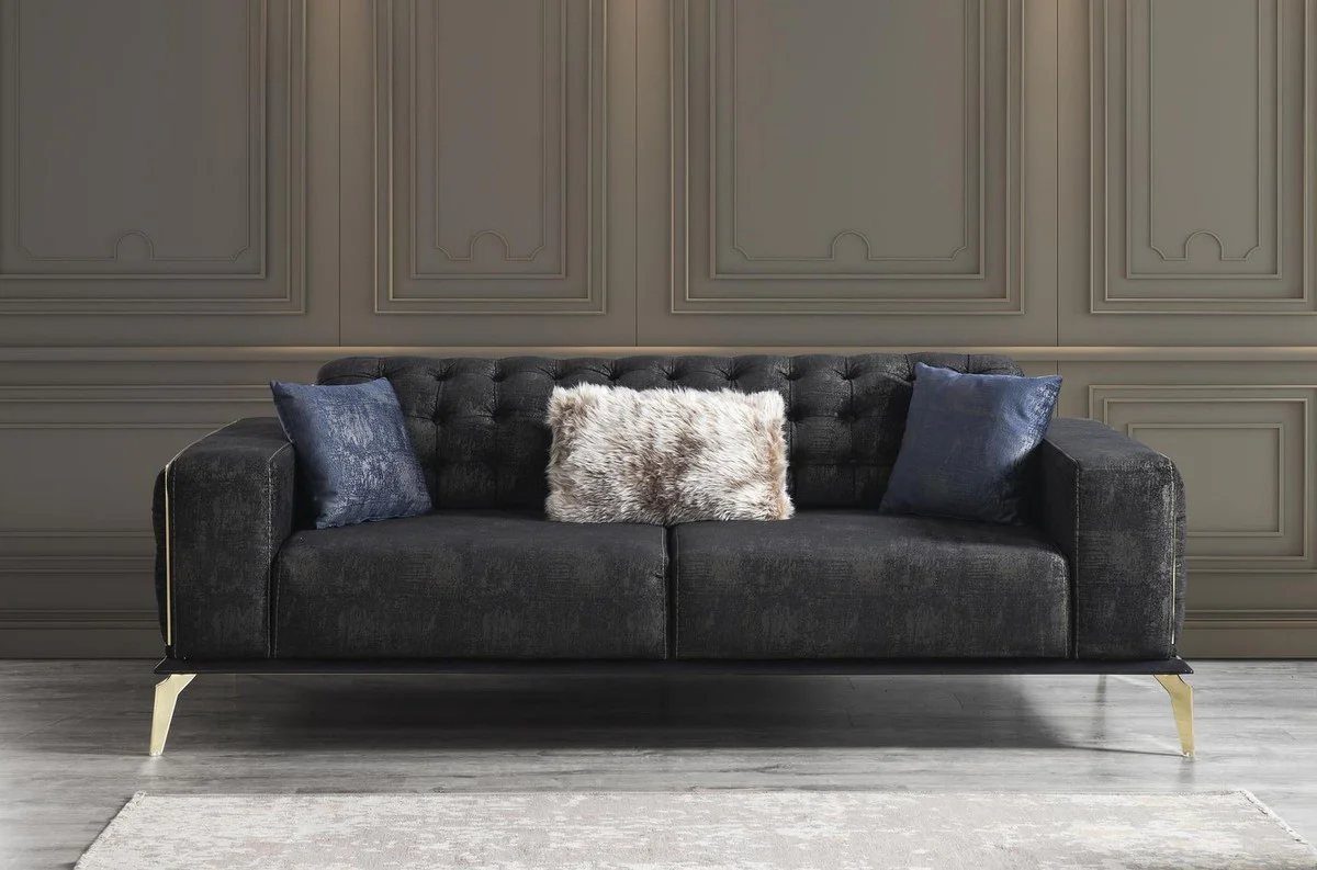 Luxury Art Deco Chesterfield sofa black / gray / brass 236 x 99 x H. 86 cm - Elegant living room sofa with decorative cushions - Luxury quality