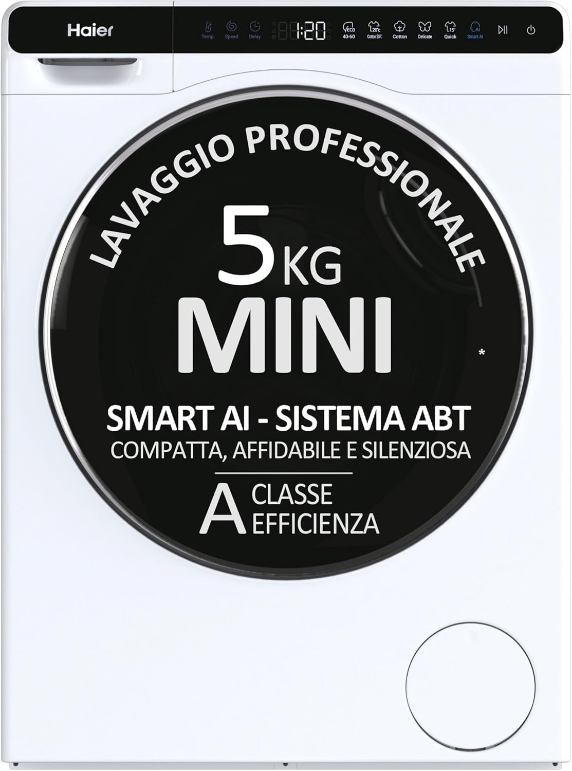Haier Mini Drum Lavatrice Slim 5 Kg, Libera Installazione, Carica Frontale, Classe A, 1200 Giri, 6 Programmi, Smart AI e Smart Dual Spray, Trattamento ABT, 51 x 44 x 70 cm, Bianca - HW50-BP12307