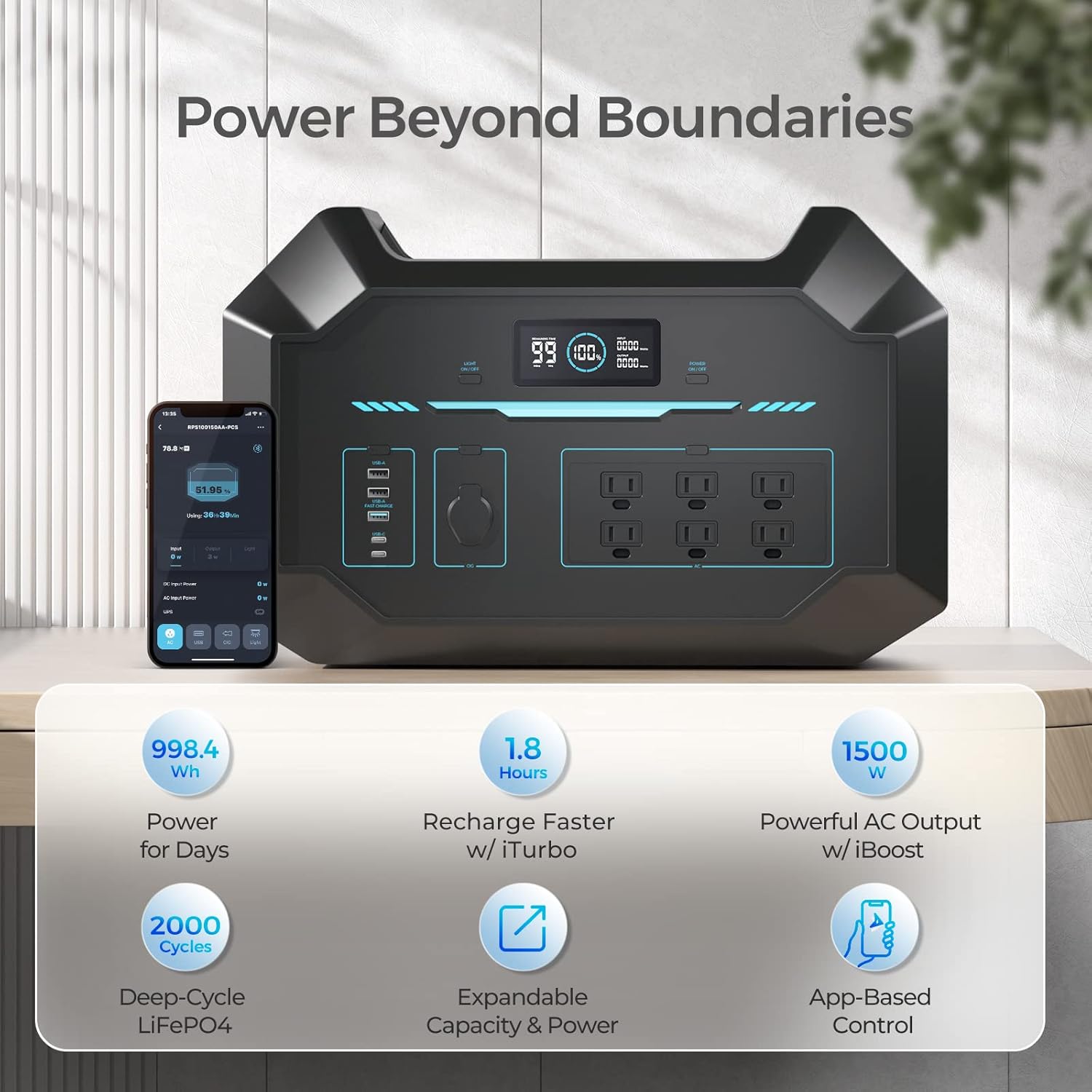 RENOGY Power station portatile, generatore solare da 495 Wh, fino a 2100 W di potenza, con 12 uscite - 6 uscite CA, 2 uscita USB-C per campeggio e roulotte con generatori solari